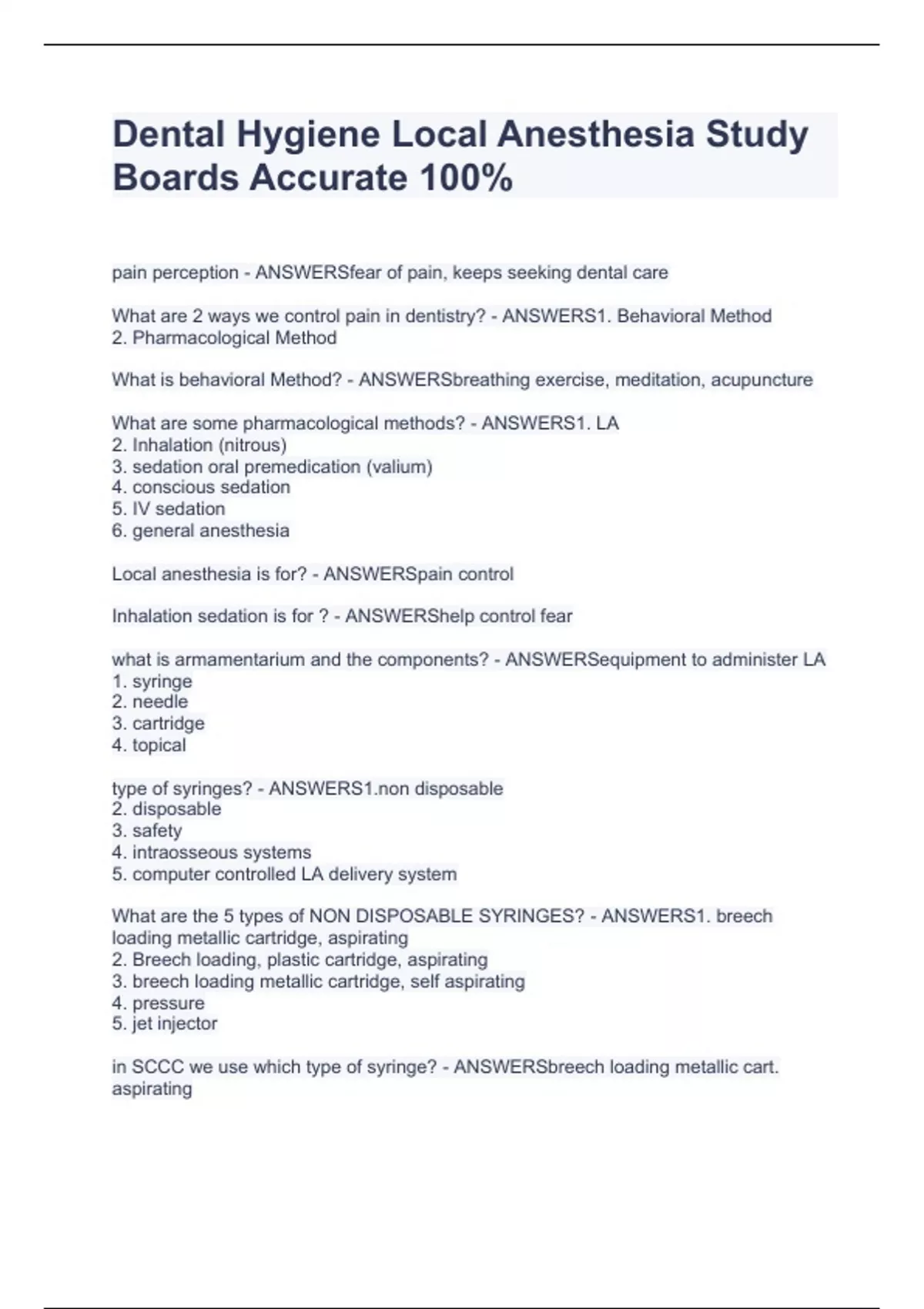 Dental Hygiene Local Anesthesia Study Boards Accurate 100 Dental