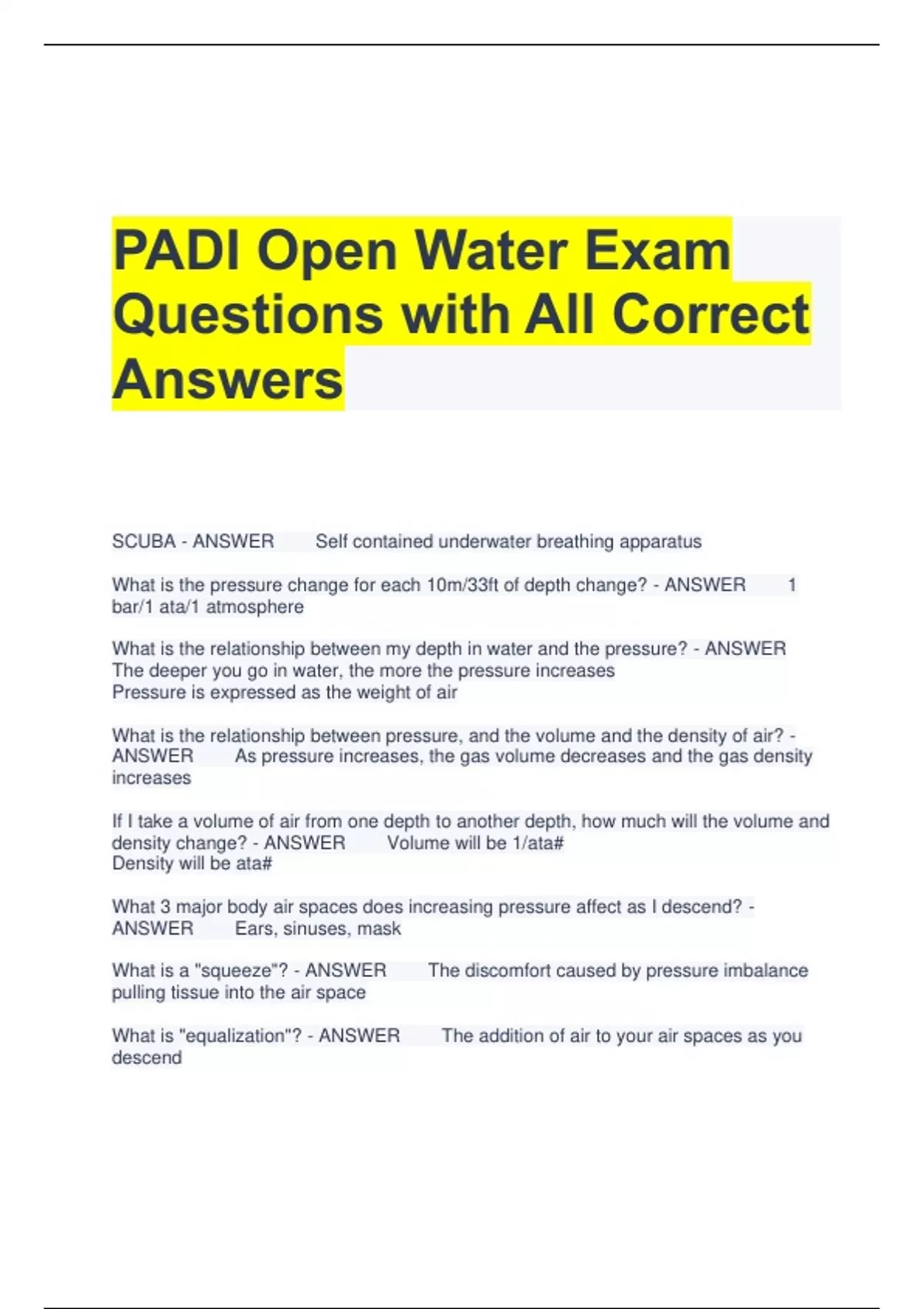 PADI Open Water 2023 Exam Questions with All Correct Answers - PADI Open Water