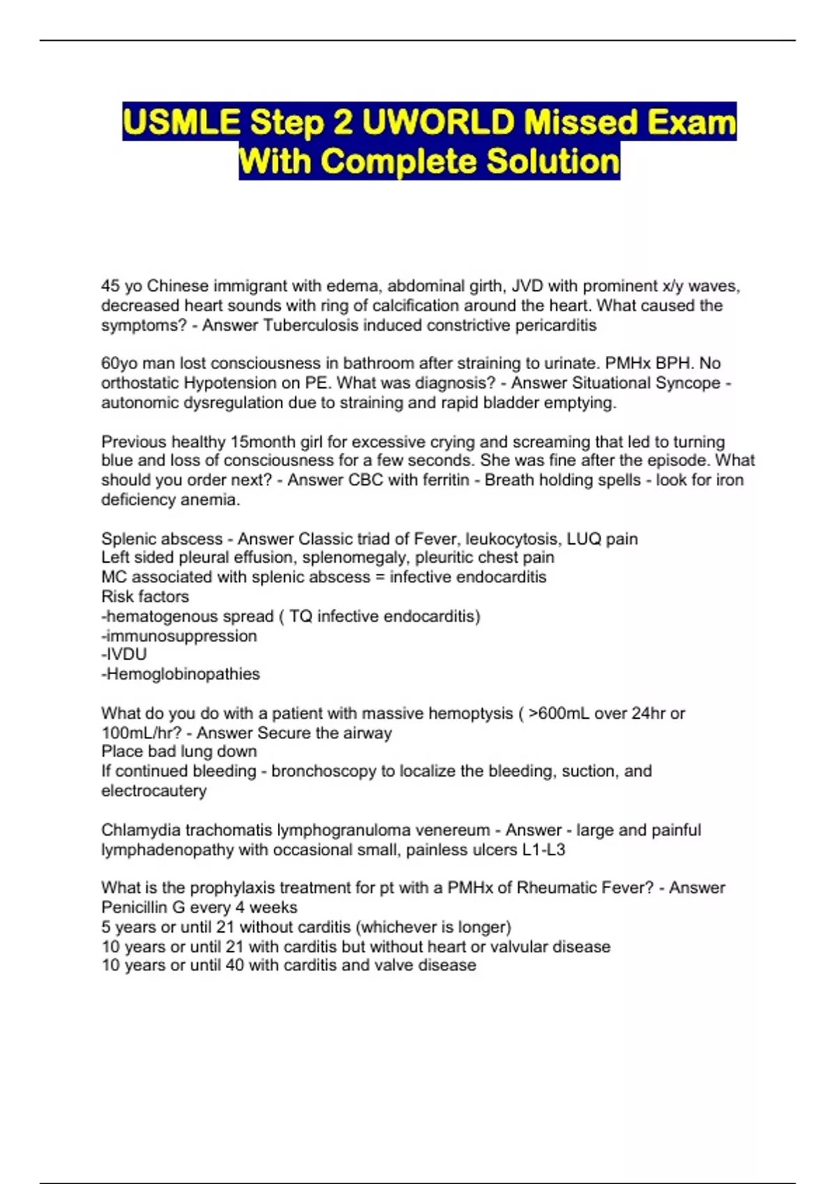 USMLE Step 2 UWORLD Missed Exam With Complete Solution USMLE Step 2