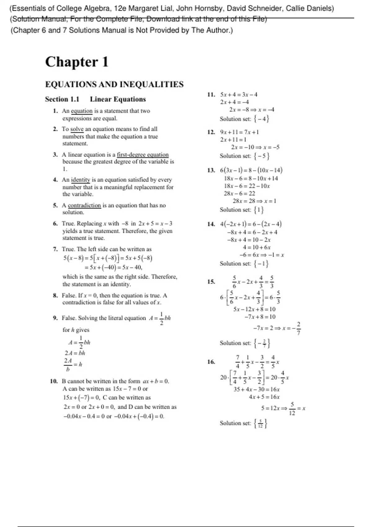 Essentials of College Algebra 12th Edition By Margaret Lial, John