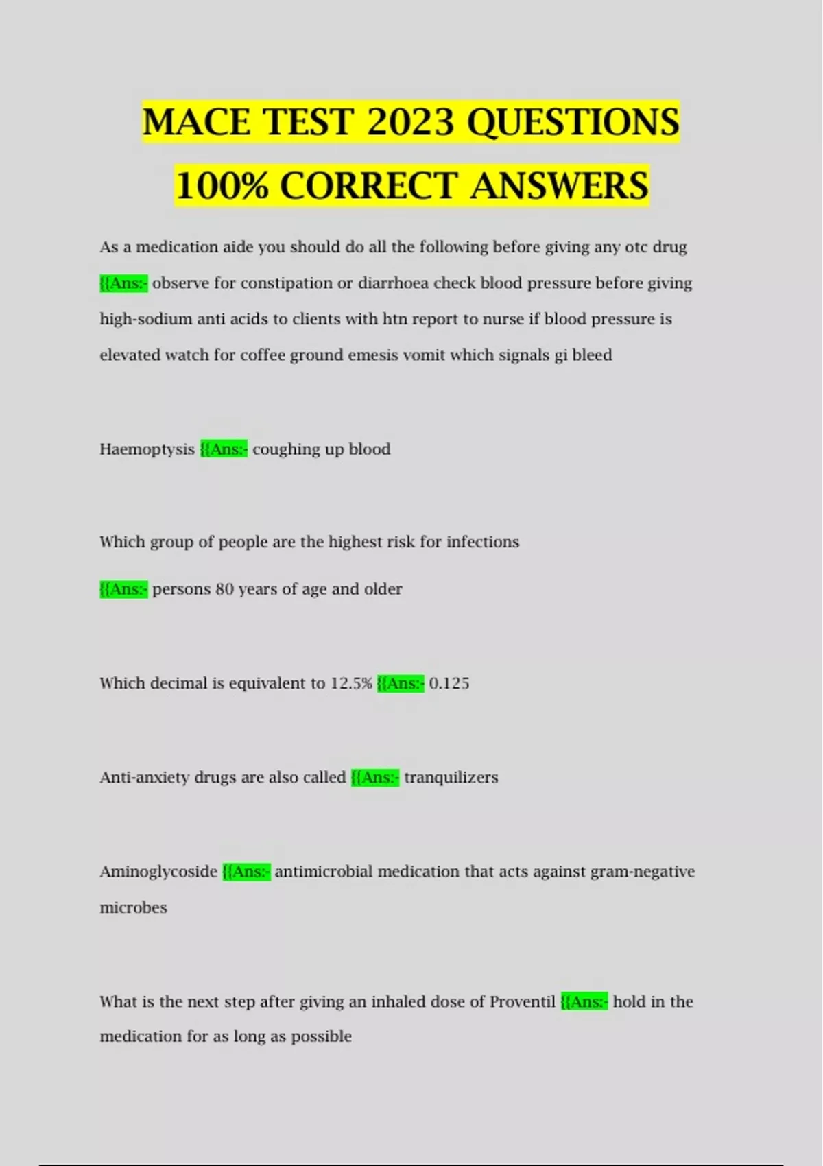 MACE TEST 2023 QUESTIONS 100 CORRECT ANSWERS Med Aide Stuvia US