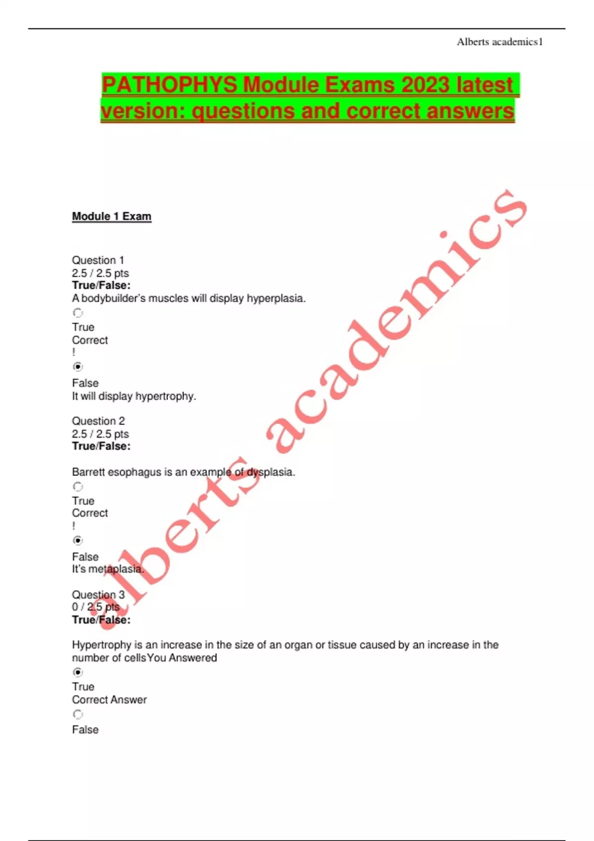 PATHOPHYS Module Exams 2023 latest version: questions and correct ...