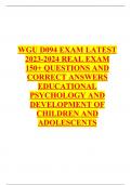 WGU D094 EXAM LATEST 2023-2024 REAL EXAM 150+ QUESTIONS AND CORRECT ANSWERS EDUCATIONAL PSYCHOLOGY AND DEVELOPMENT OF CHILDREN AND ADOLESCENTS