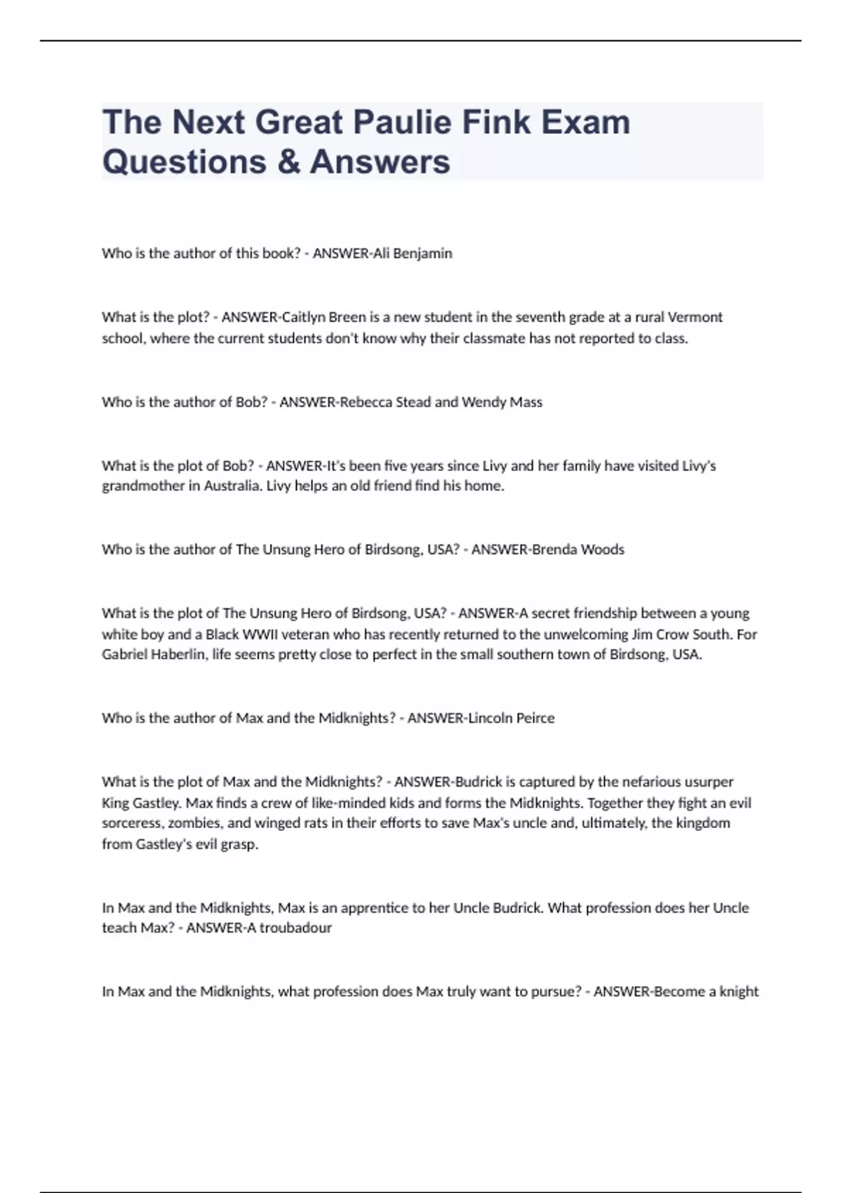 The Next Great Paulie Fink Exam Questions & Answers The Next Great Paulie Fink Stuvia US