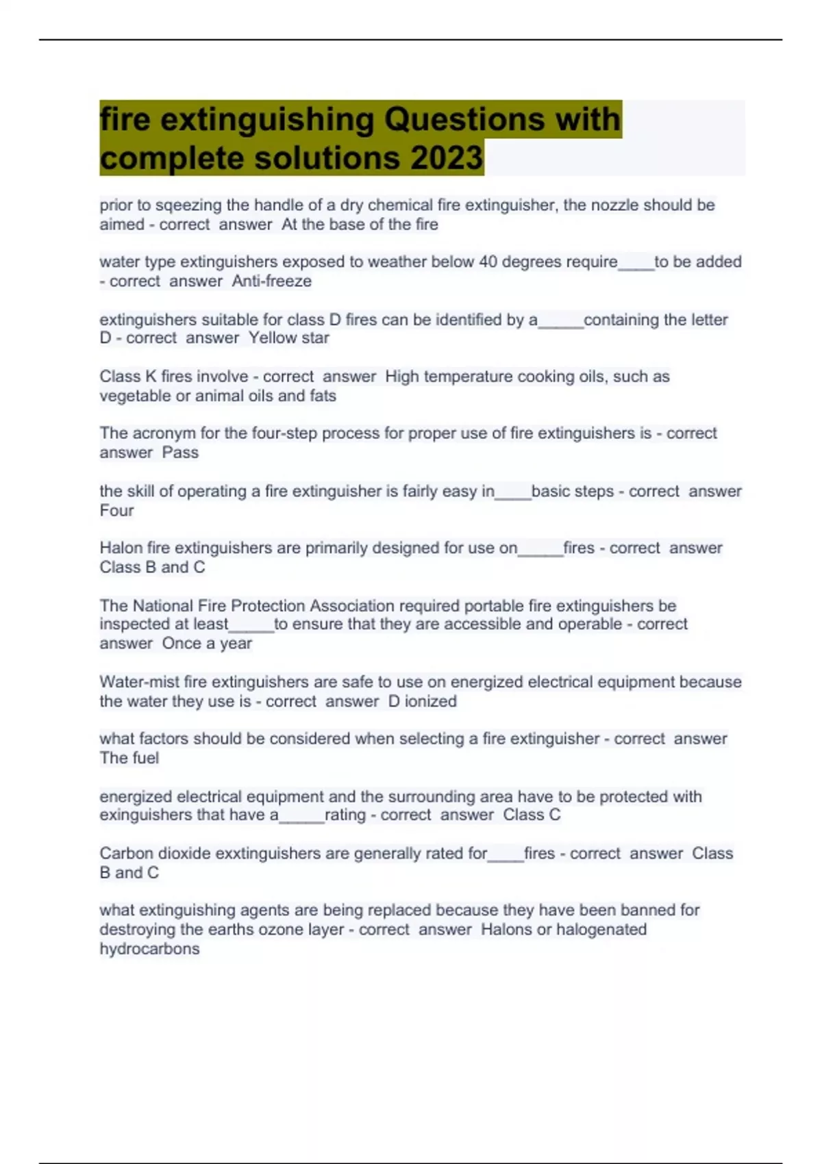 BUNDLE OF FIRE EXTINGUISHER QUESTION AND ANSWERS 2023 (FULL PACK) Stuvia US