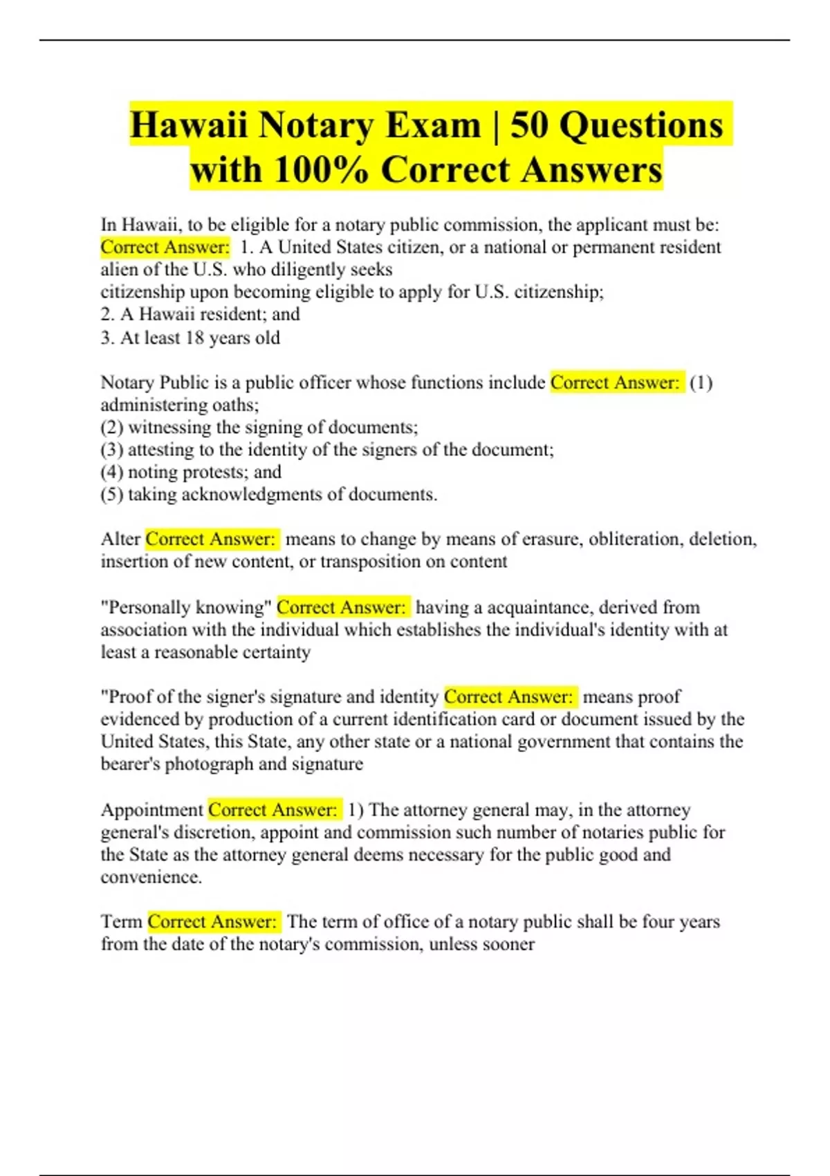 Hawaii Notary Exam 50 Questions with 100 Correct Answers Latest