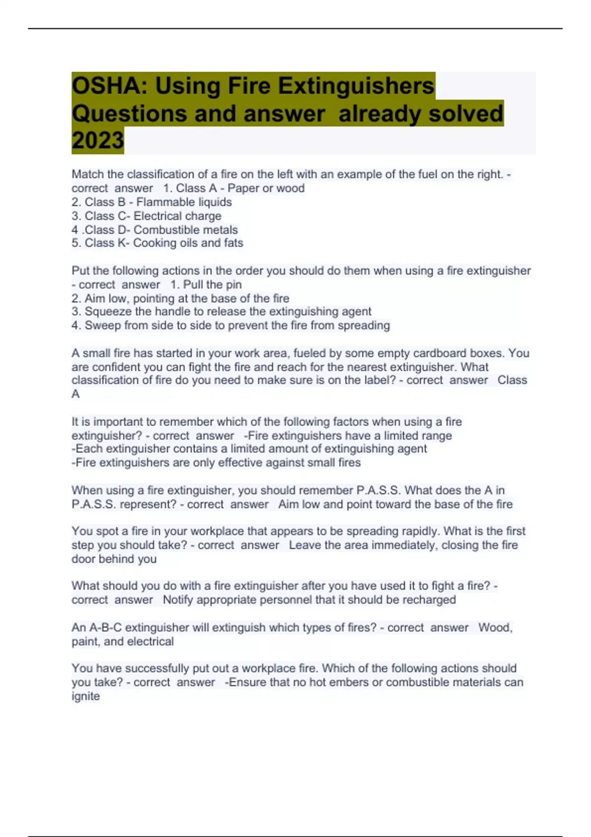 OSHA Using Fire Extinguishers Questions and answer already solved 2023