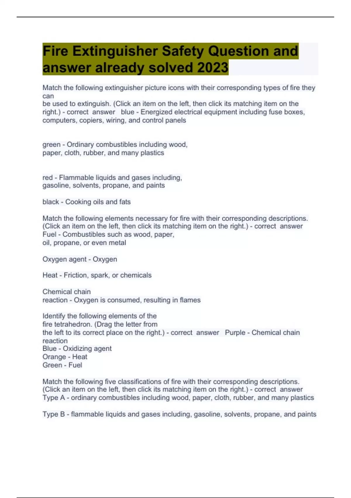 Fire Extinguisher Safety Question and answer already solved 2023 Fire Extinguisher Safety