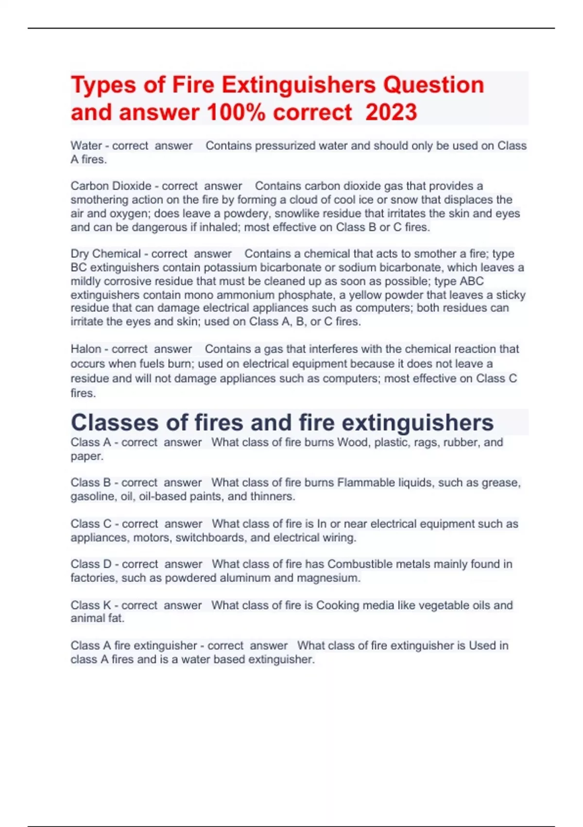 Types of Fire Extinguishers Question and answer 100 correct 2023