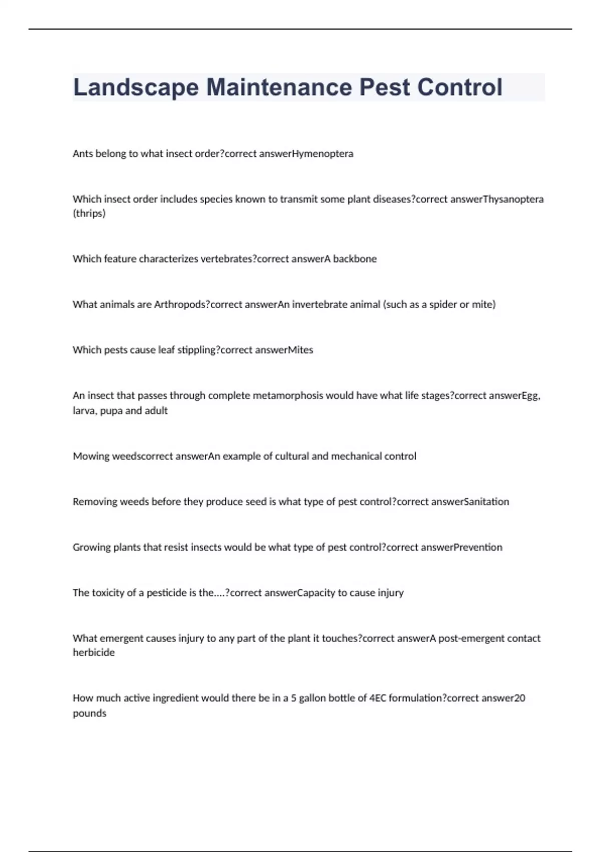 Landscape Maintenance Pest Control exam questions 2023 with correct
