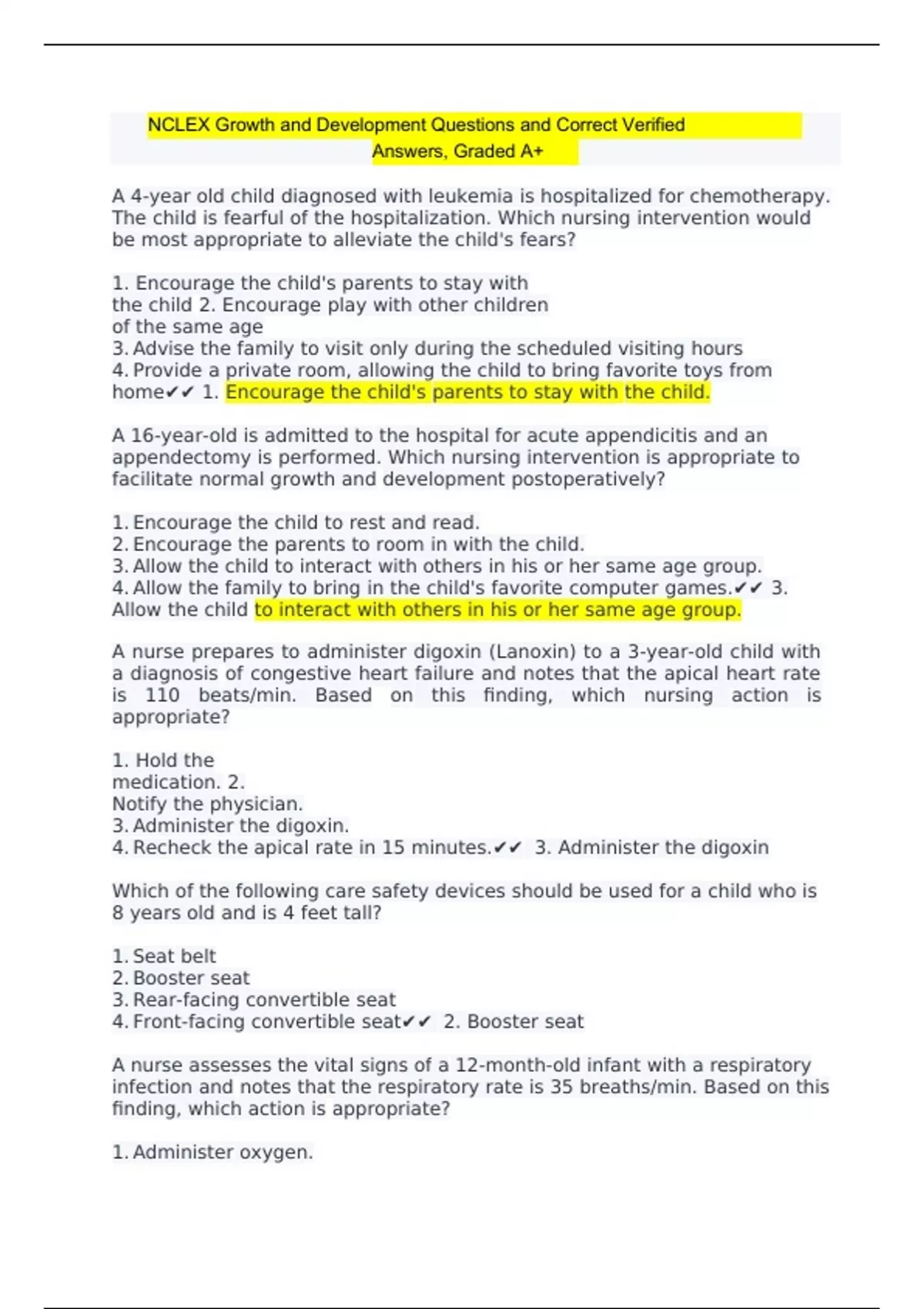 Summary NCLEX Growth and Development Questions and Correct Verified Answers, Graded A+ 2023