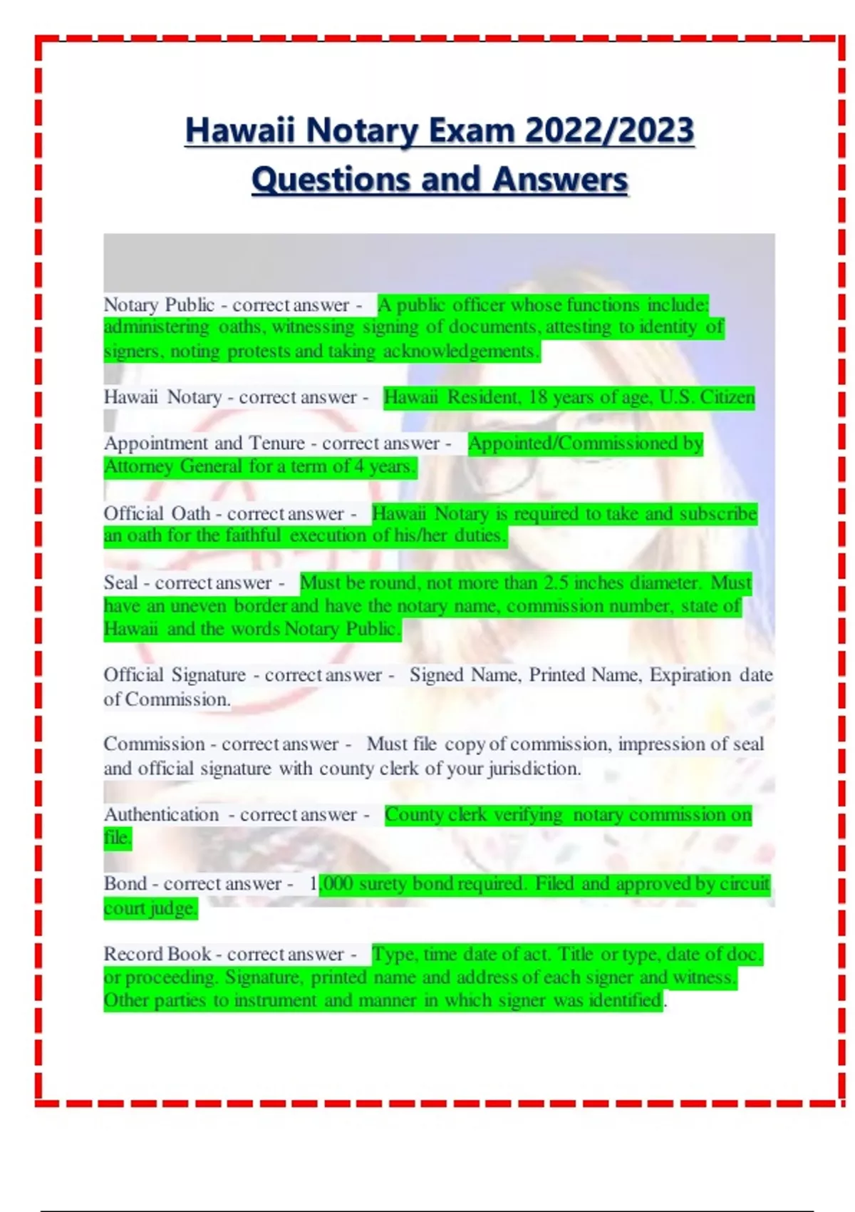 Hawaii Notary Exam 2022/2023 Questions and Answers Hawaii notary
