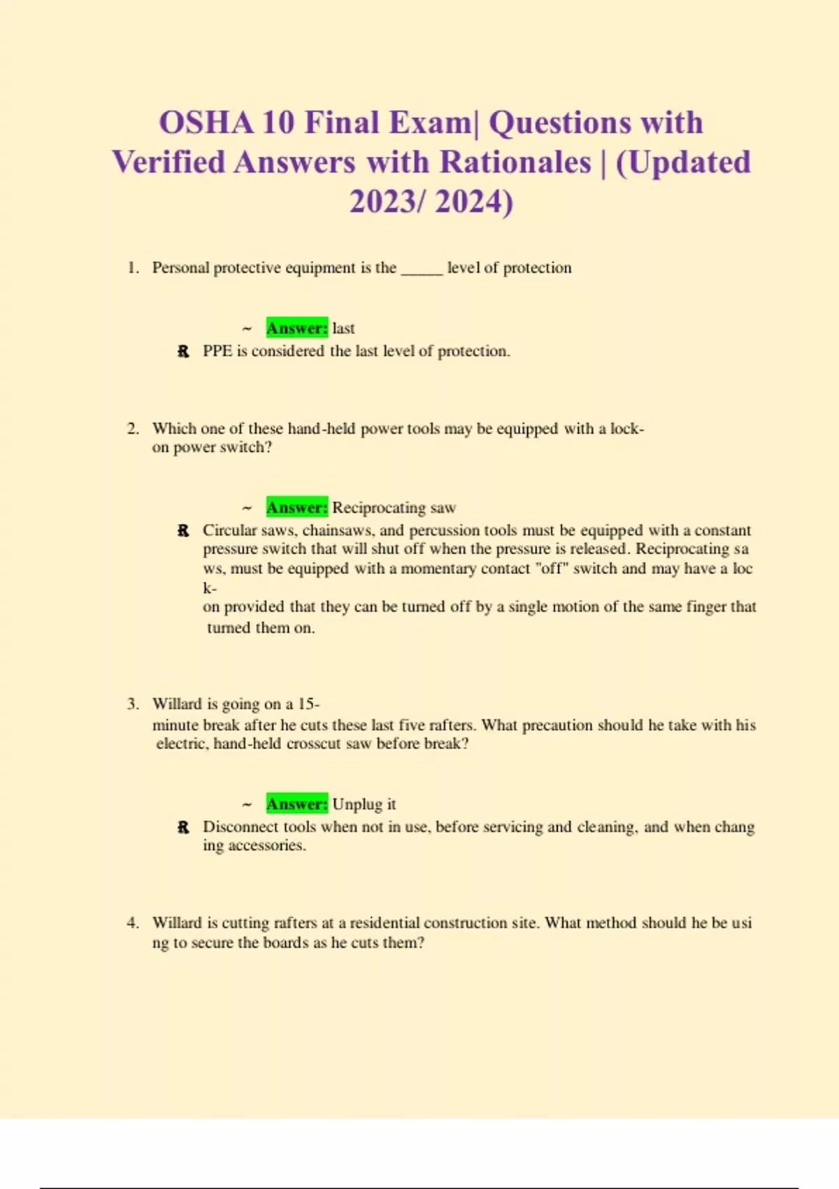 OSHA 10 Occupational Safety and Health Administration Final Exam