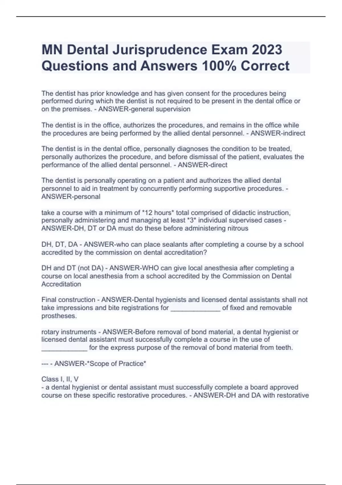 MN Dental Jurisprudence Exam 2023 Questions and Answers 100 Correct