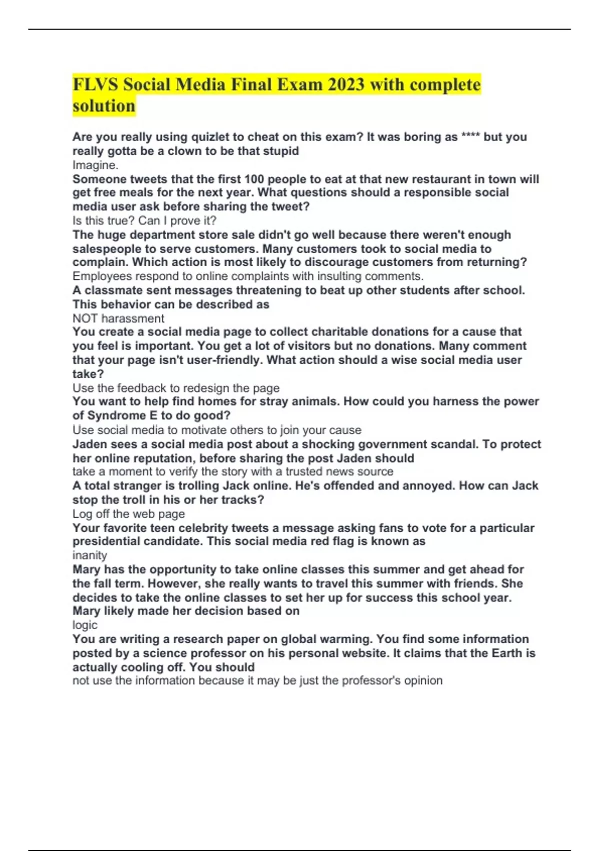 FLVS Social Media Final Exam 2023 with complete solution FLVS Social