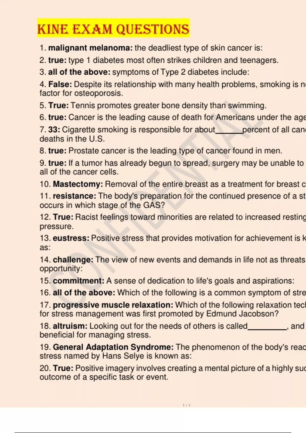 Kine exam Questions And Answers Course Kine Institution Kine malignant ...