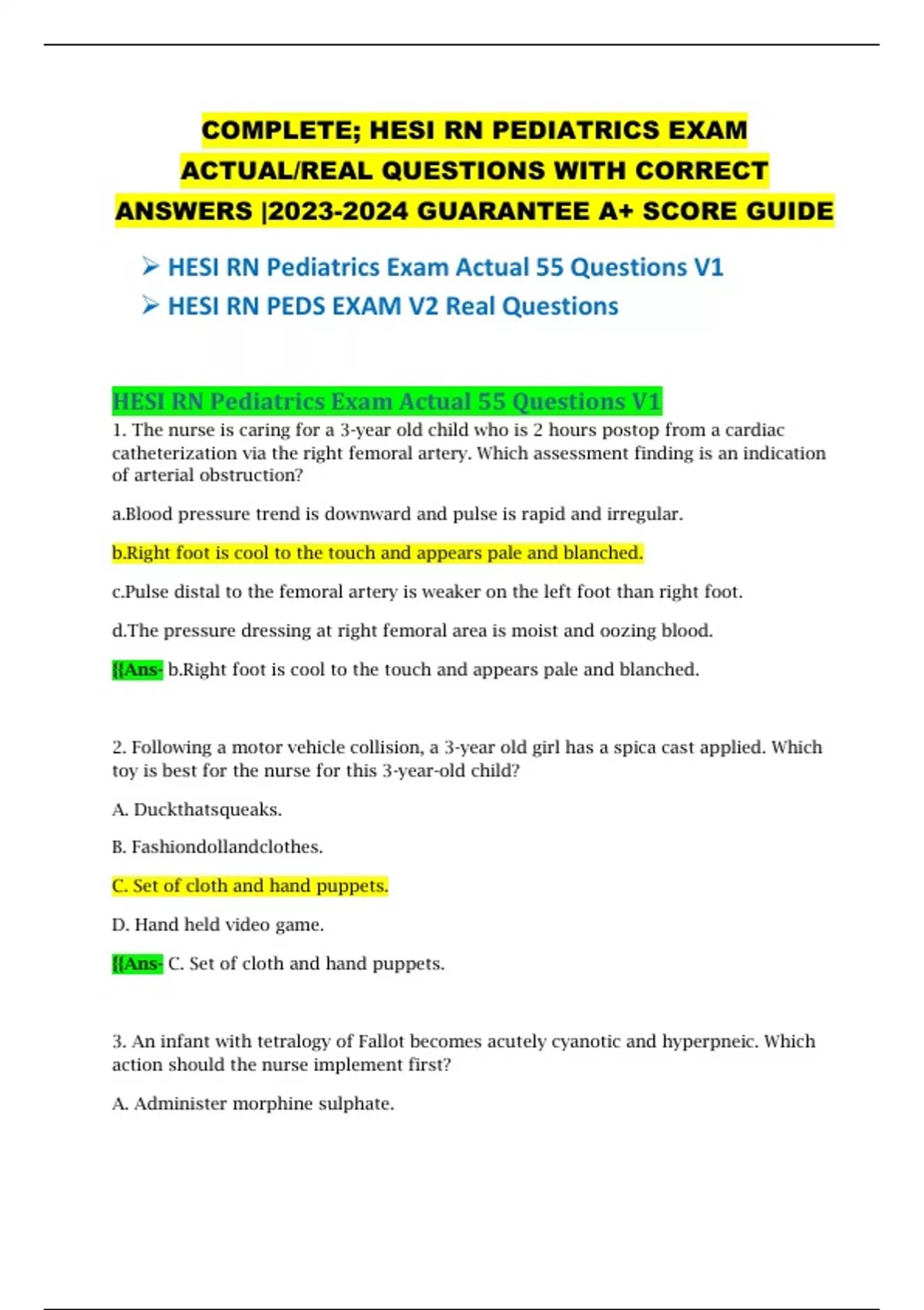 COMPLETE; HESI RN PEDIATRICS EXAM ACTUAL/REAL QUESTIONS WITH CORRECT ...