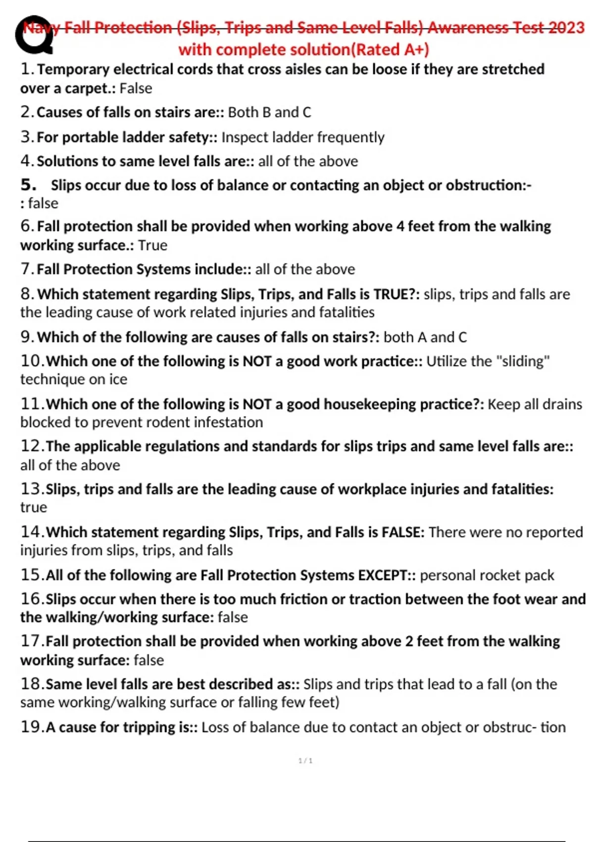 Navy Fall Protection (Slips, Trips and Same Level Falls) Awareness Test 2023 with complete