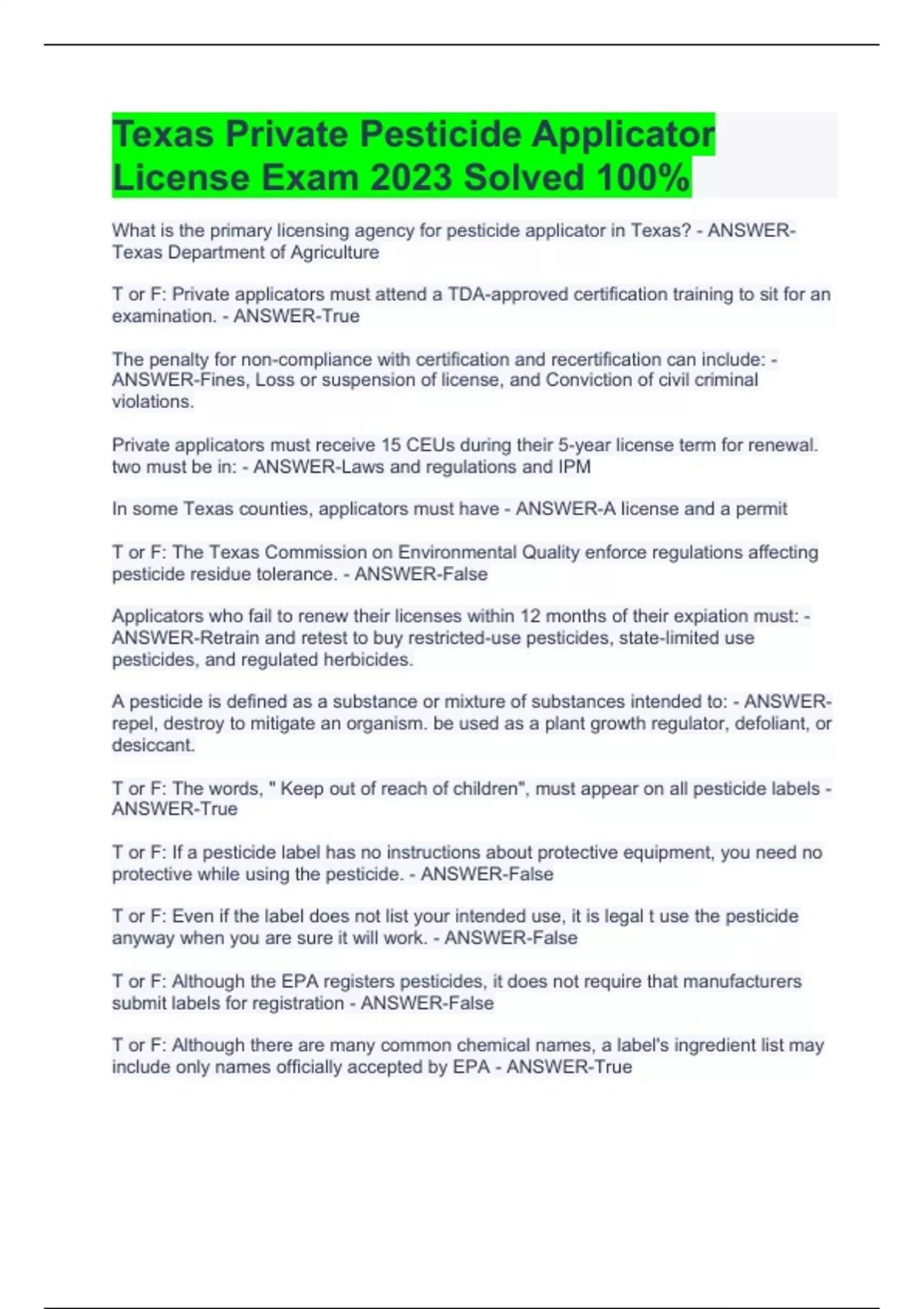 Texas Private Pesticide Applicator License Exam 2023 Solved 100