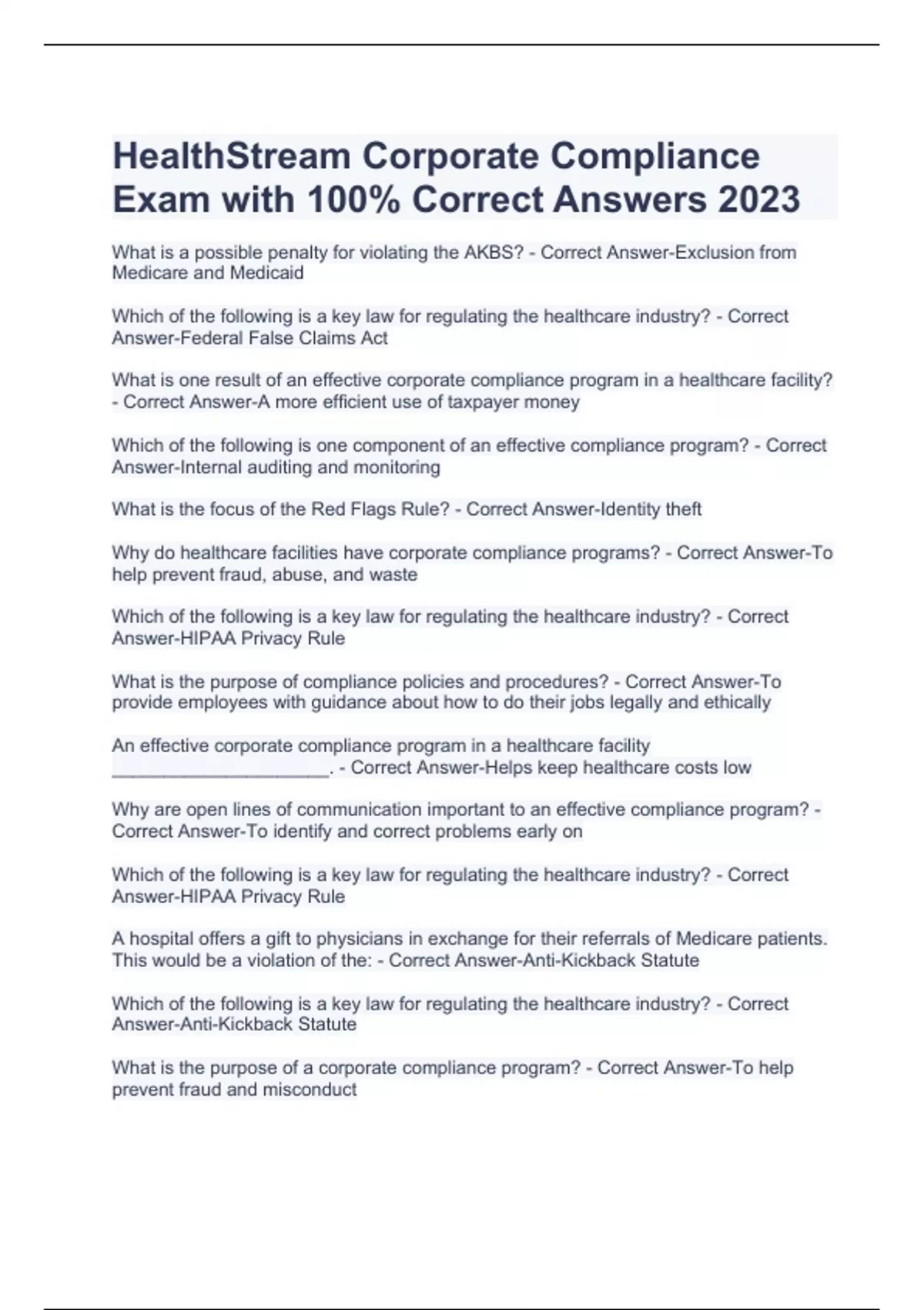 HealthStream Corporate Compliance Exam with 100% Correct Answers 2023 ...