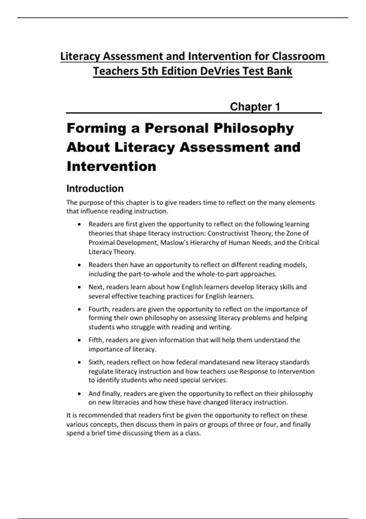 Test Bank for Literacy Assessment and Intervention for Classroom