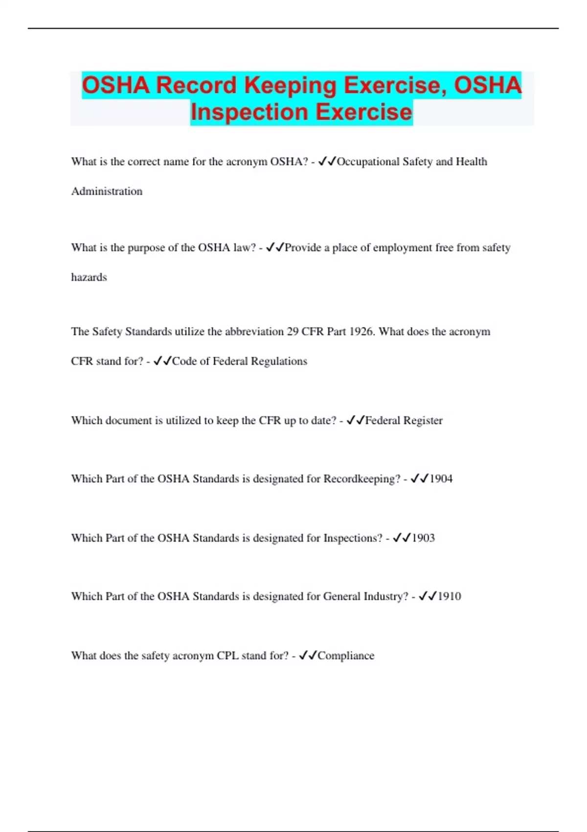 OSHA Record Keeping Exercise, OSHA Inspection Exercise Questions with