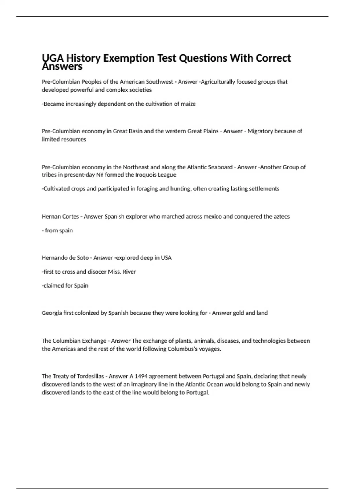 UGA History Exemption Test Questions With Correct Answers UGA History