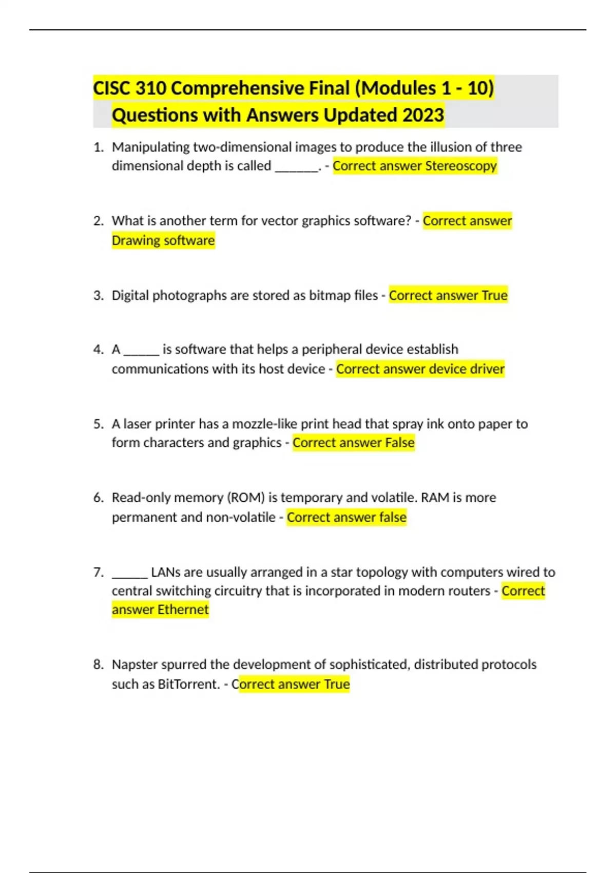 CISC 310 Comprehensive Final (Modules 1 - 10) Questions with Answers ...