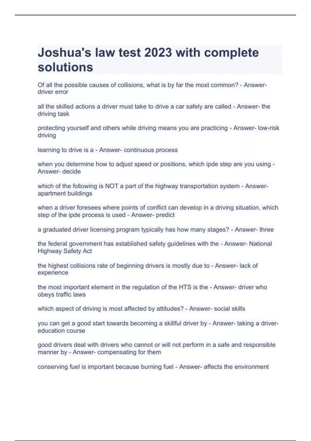 Joshua's law test 2023 with complete solutions Joshua\'s law Stuvia US