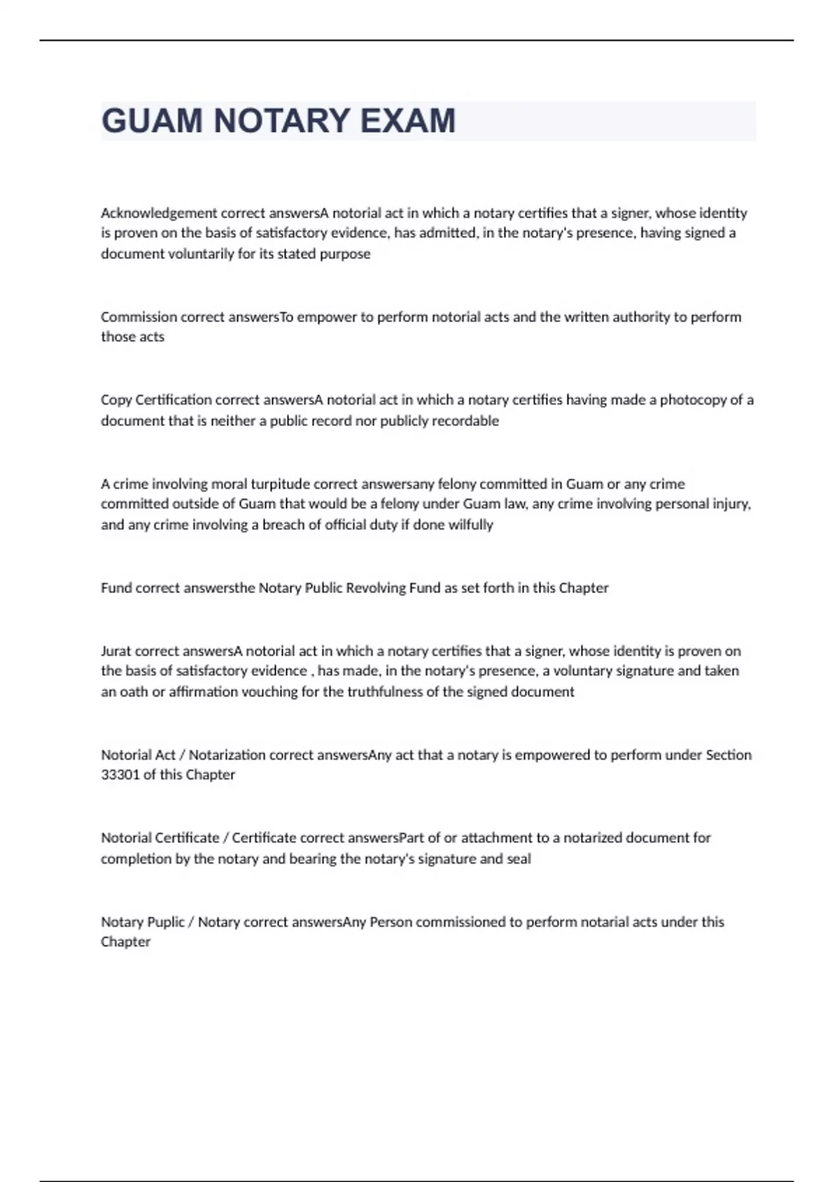 GUAM NOTARY EXAM 2023 WITH 100 CORRECT ANSWERS GUAM NOTARY Stuvia US