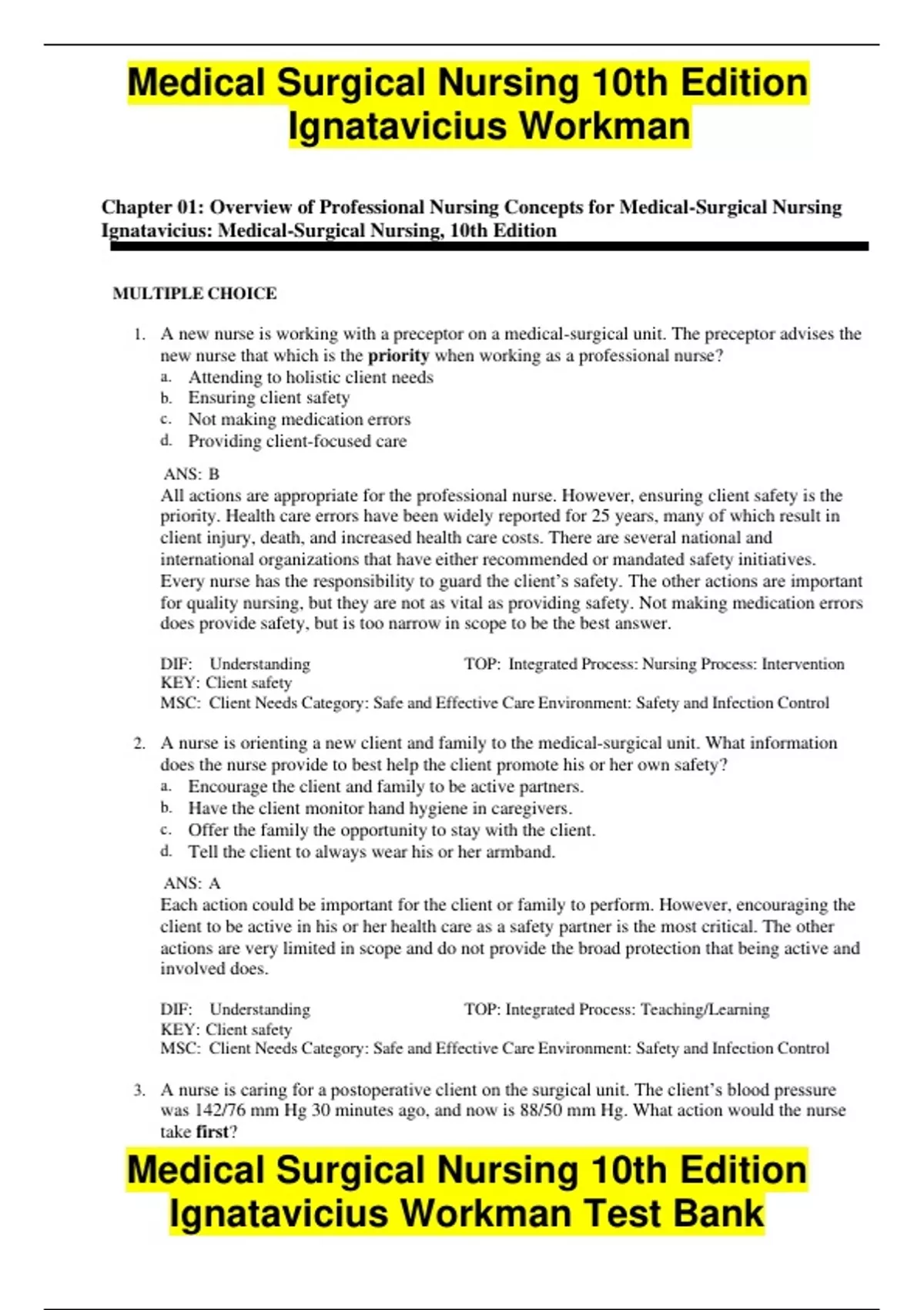 Medical Surgical Nursing 10th Edition Ignatavicius Workman WITH COMPLETE SOLUTIONS LATEST UPDATE