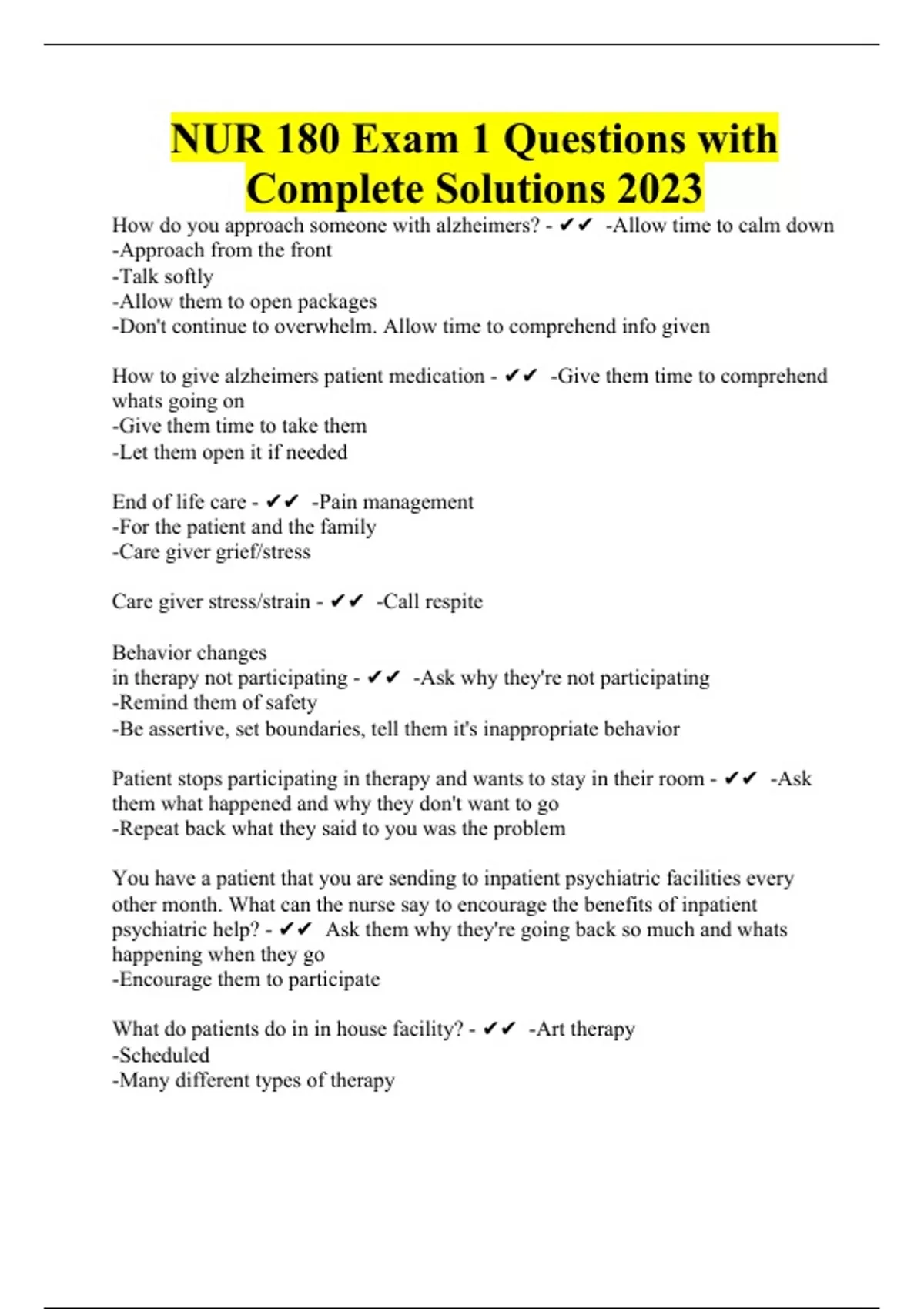 NUR 180 Exam 1 Questions with Complete Solutions 2023 - NUR 180 - Stuvia US