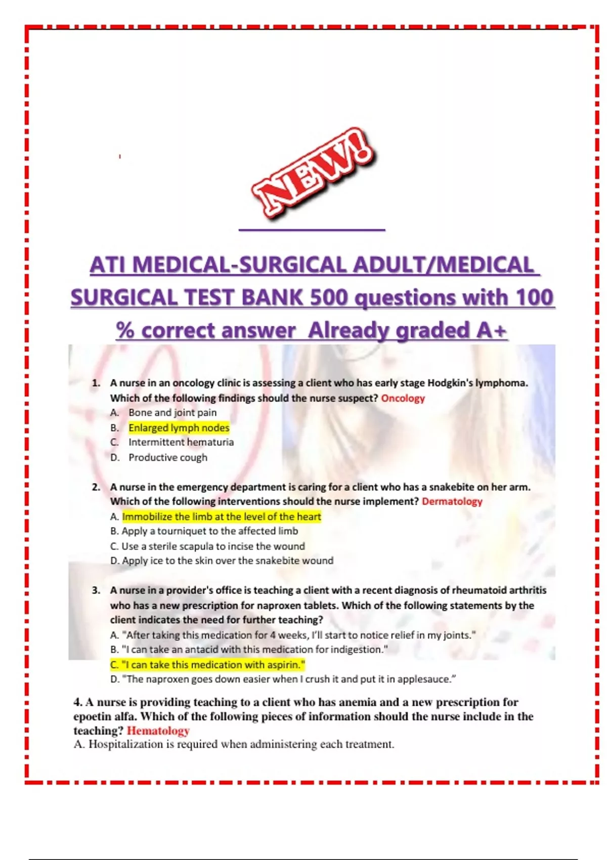 ATI MEDICALSURGICAL ADULT/MEDICAL SURGICAL TEST BANK 500 questions