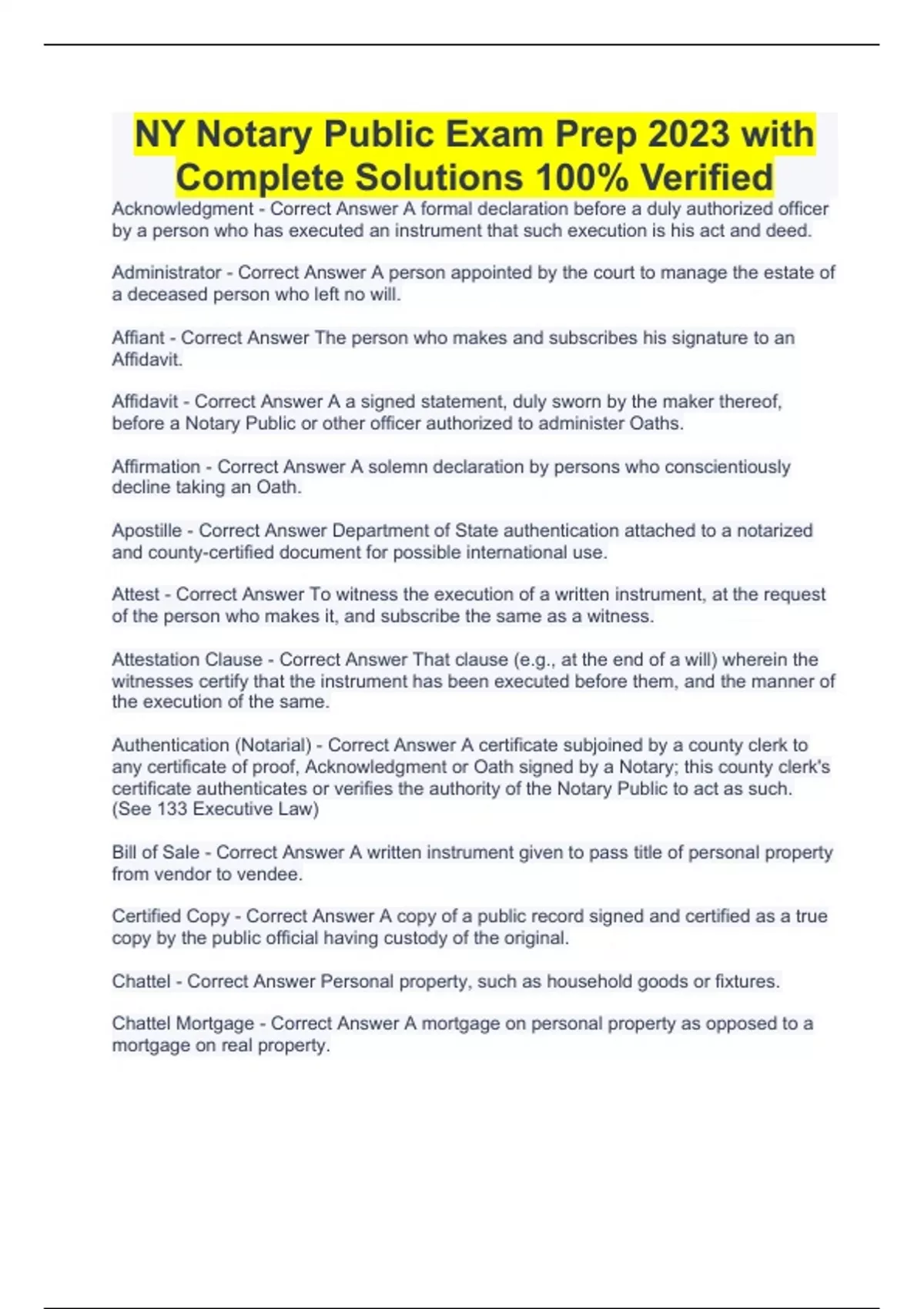 NY Notary Public Exam Prep 2023 with Complete Solutions 100 Verified