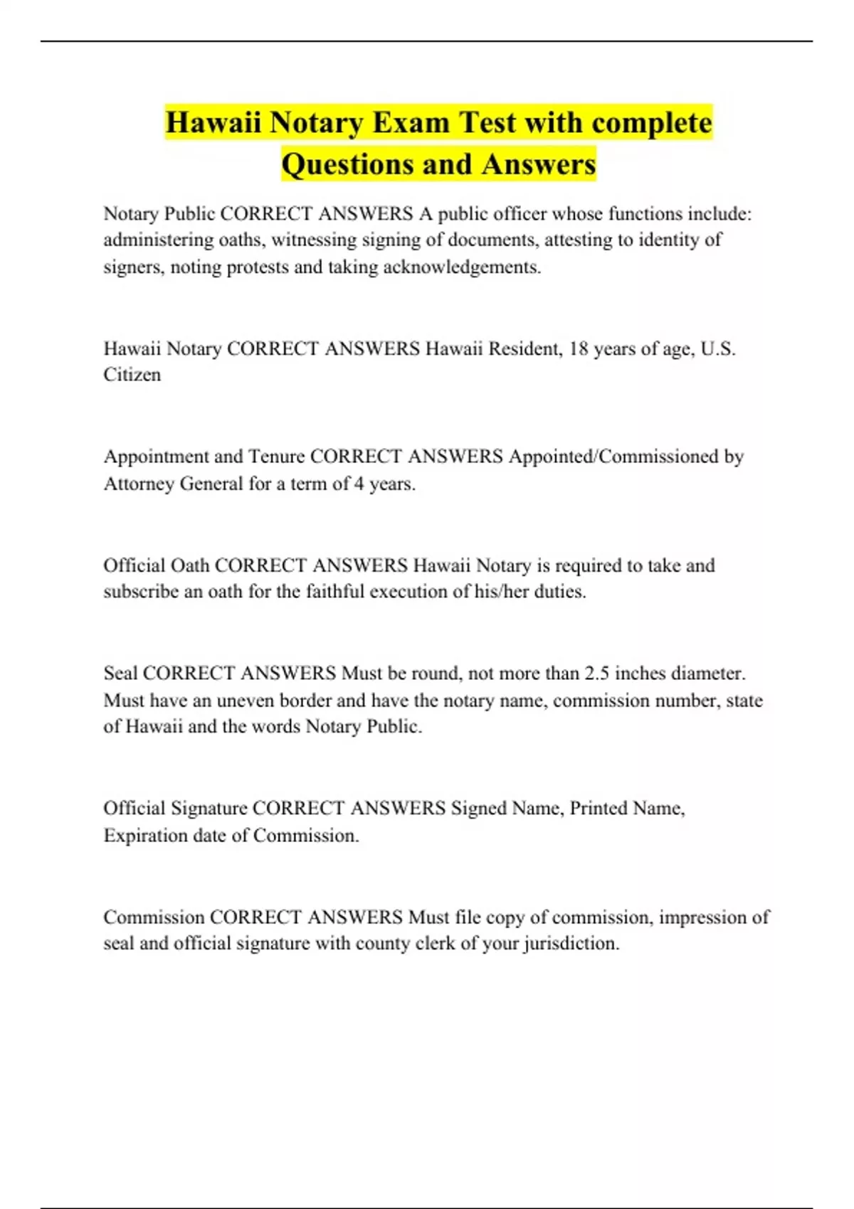 Hawaii Notary Exam Test with complete Questions and Answers Notary