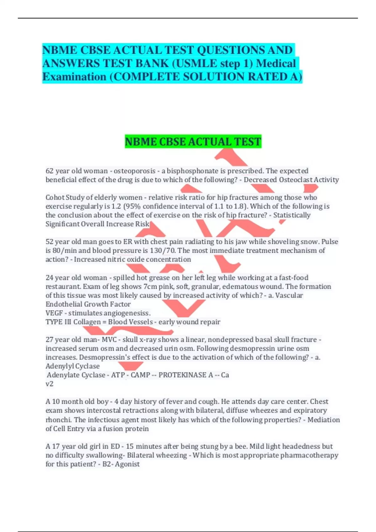 NBME CBSE ACTUAL TEST QUESTIONS AND ANSWERS TEST BANK (USMLE step 1
