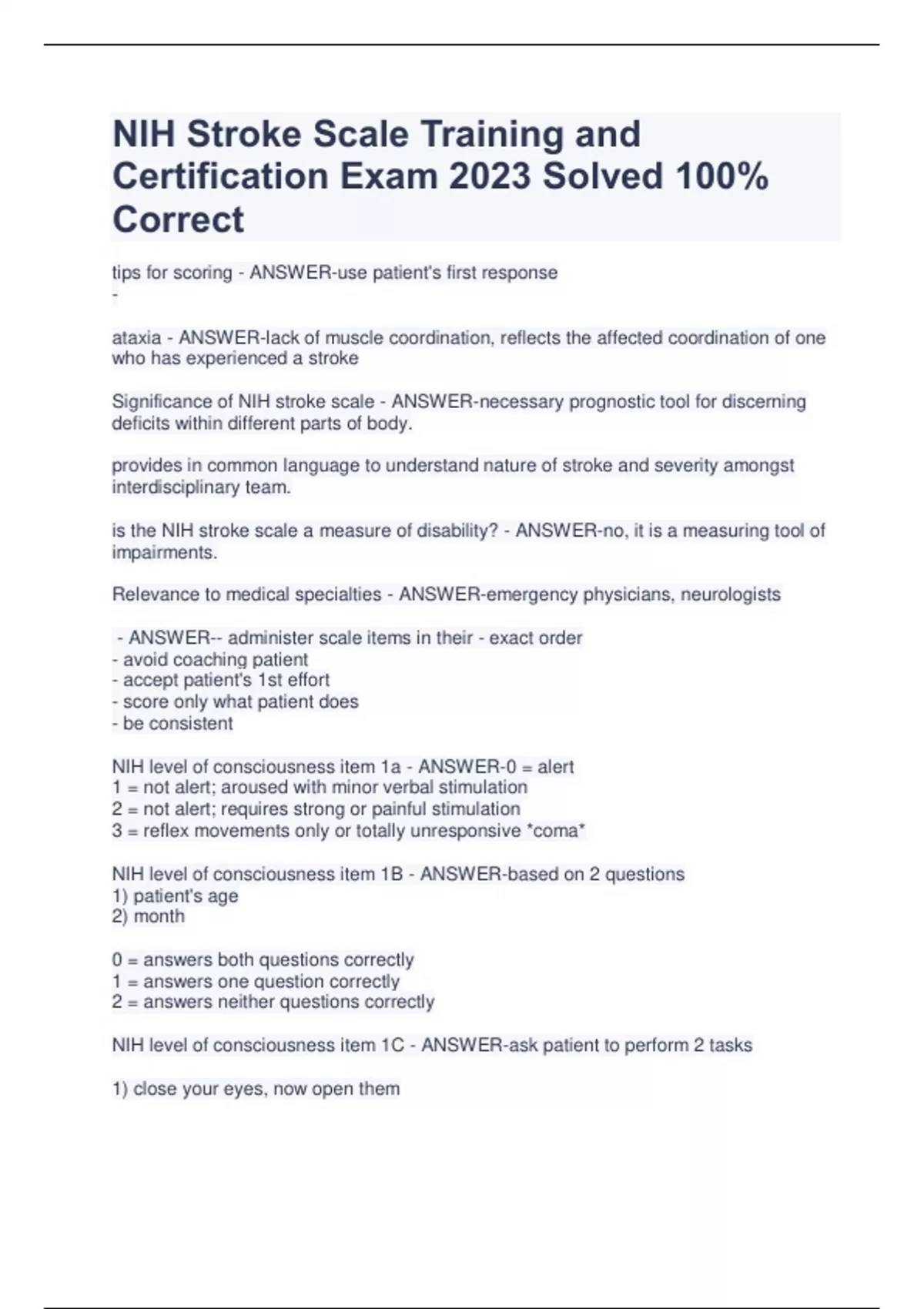 NIH Stroke Scale Training and Certification Exam 2023 Solved 100