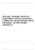 NUR 2092 / NUR2092: HEALTH ASSESSMENT FINAL EXAM QUESTIONS WITH ANSWERS (LATEST Already GRADED A+) 2023/2024