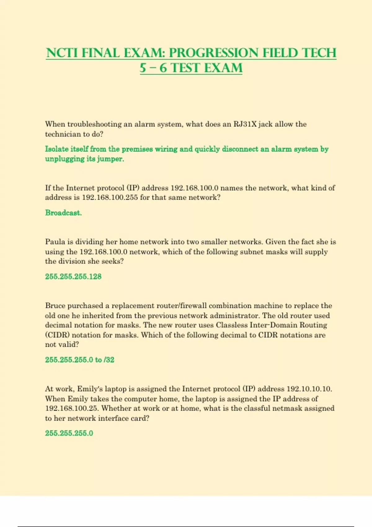 NCTI FINAL EXAM PROGRESSION FIELD TECH 5 6 TEST EXAM LATEST UPDATE