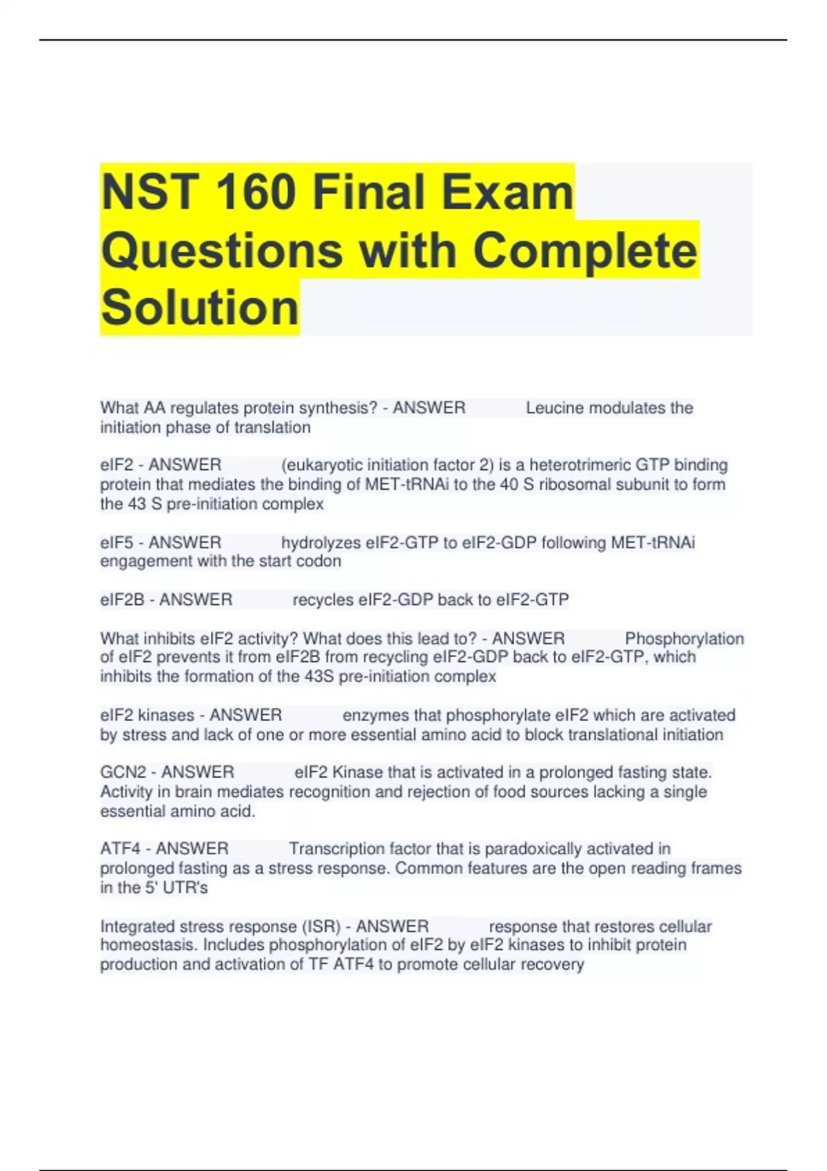 NST 160 Final Exam Questions with Complete Solution - NST 160 - Stuvia US