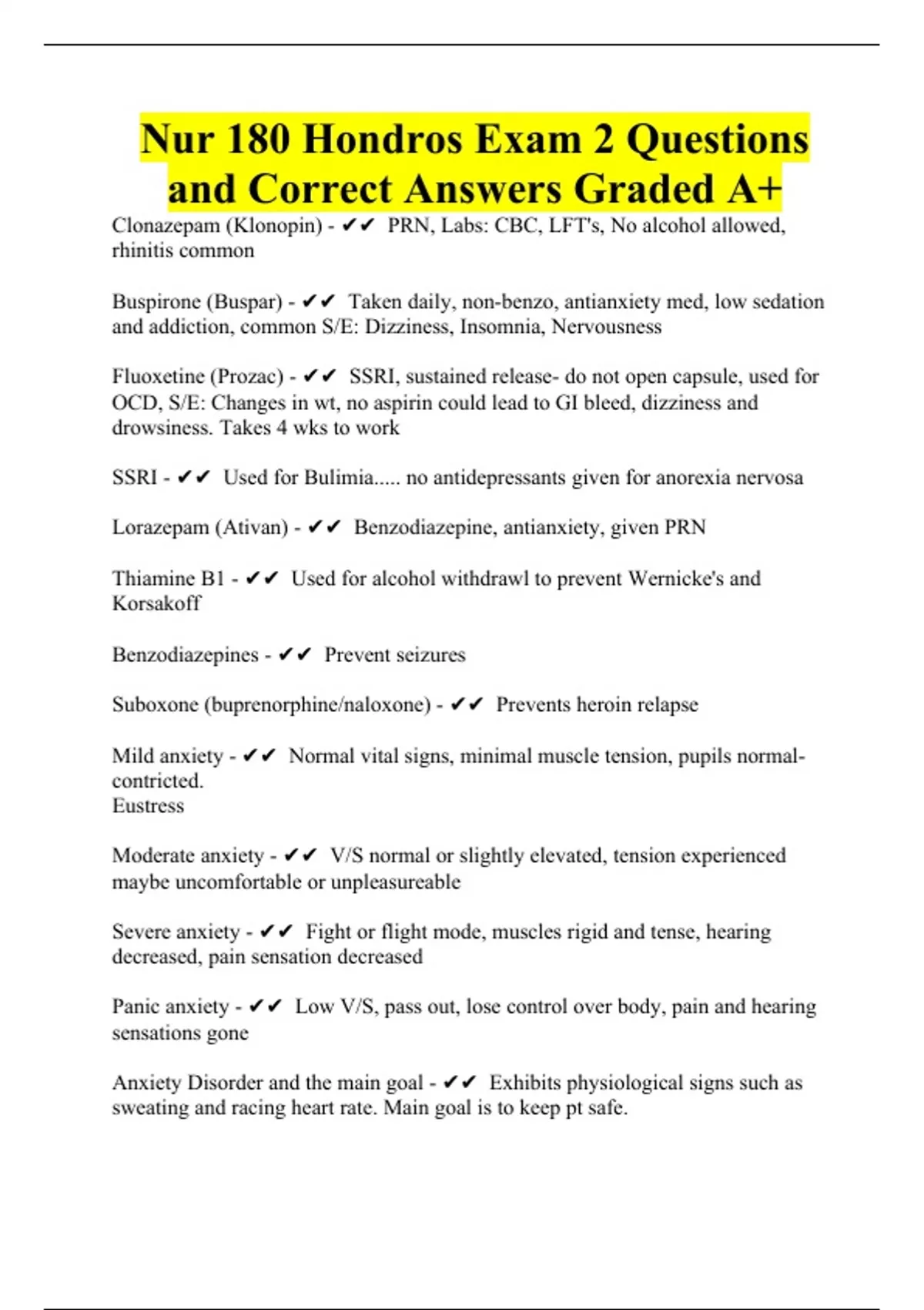 Nur 180 Hondros Exam 2 Questions and Correct Answers Graded A+ - Nur ...