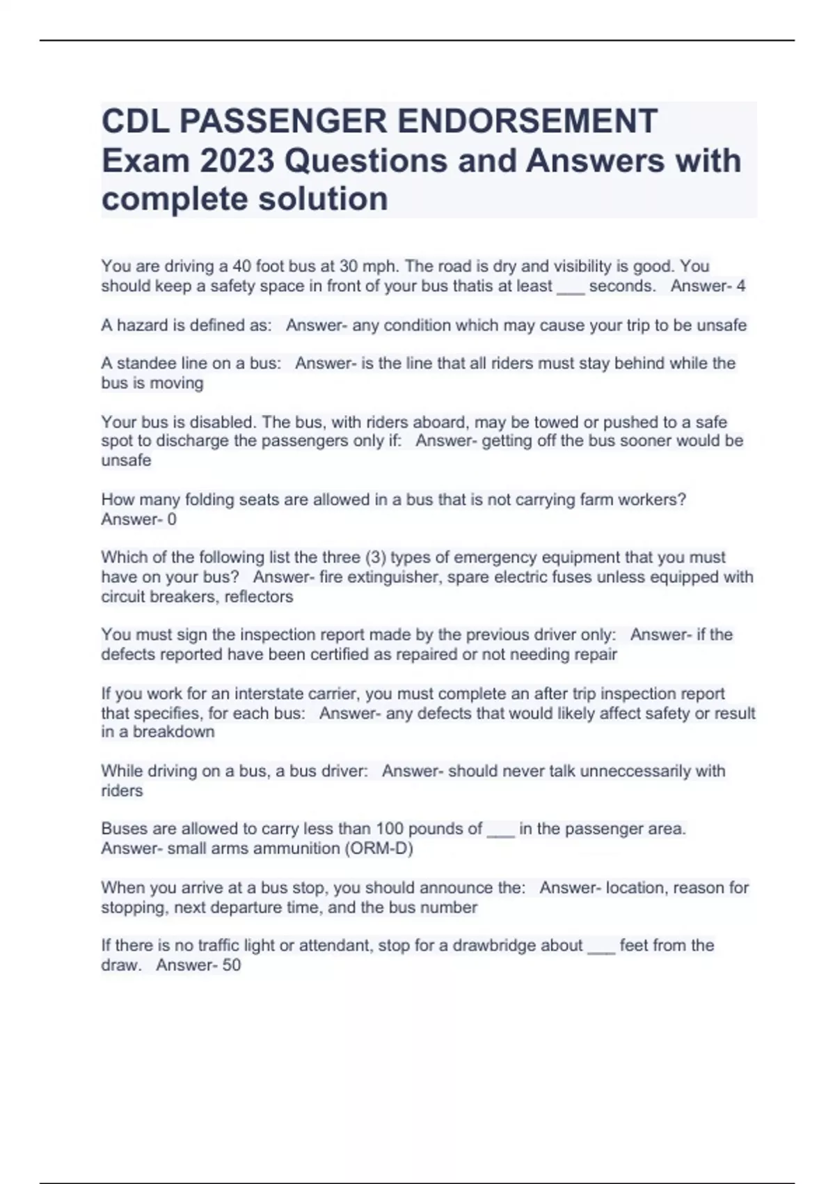 CDL PASSENGER ENDORSEMENT Exam 2023 Questions and Answers with complete