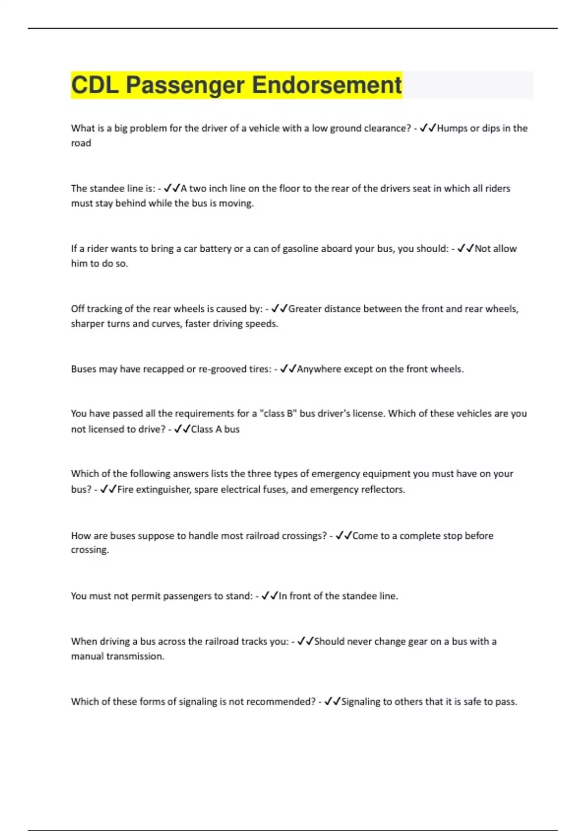 CDL Passenger Endorsement Questions with 100 Correct Answers