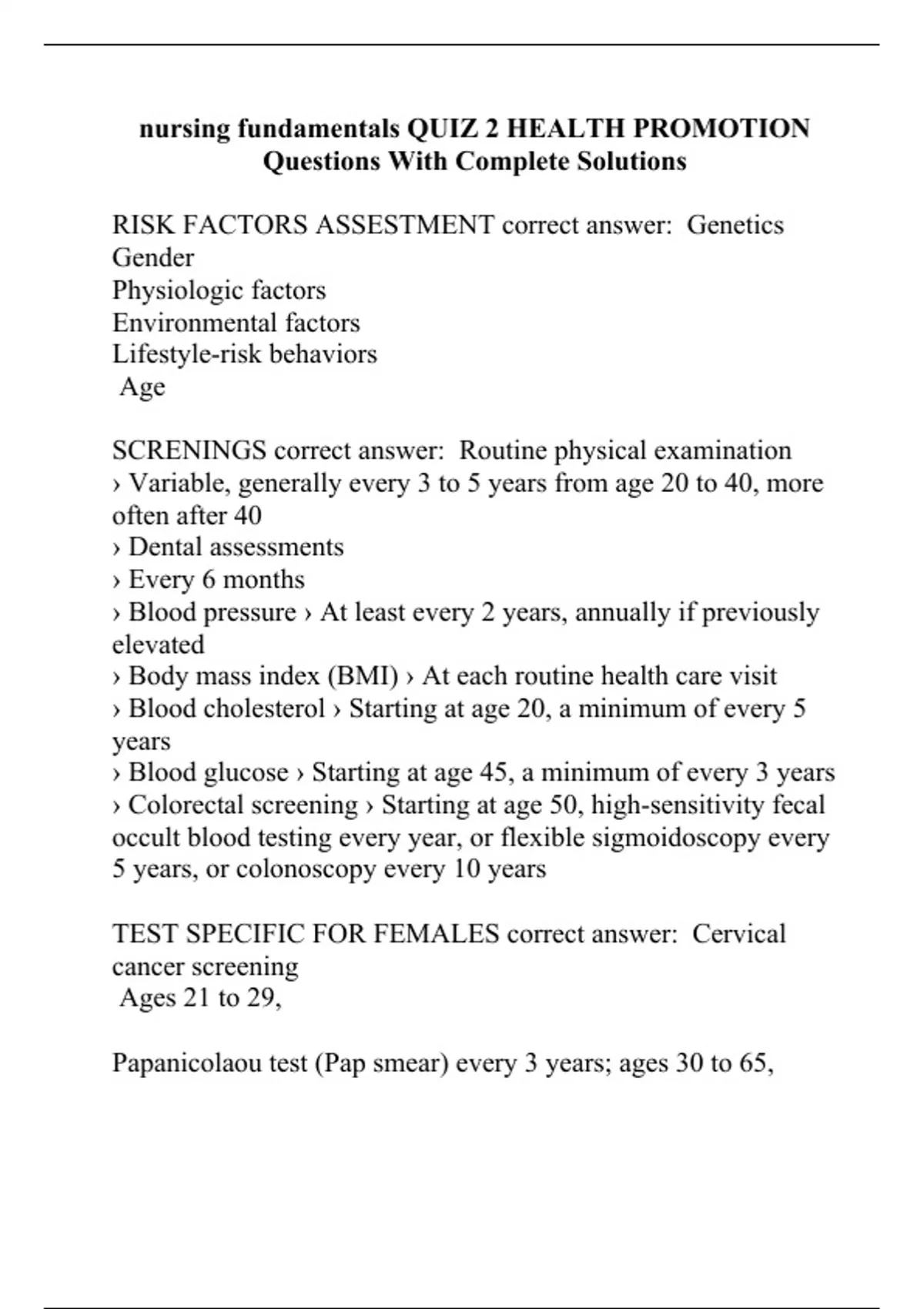 nursing fundamentals QUIZ 2 HEALTH PROMOTION Questions With Complete ...