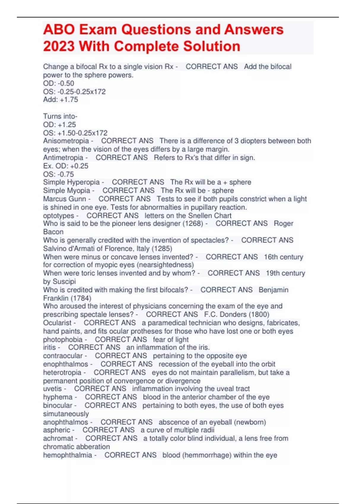 ABO Exam Questions and Answers 2023 With Complete Solution ABO