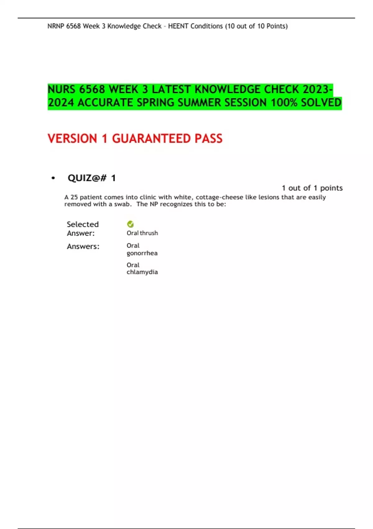 NURS 6568 WEEK 3 LATEST KNOWLEDGE CHECK ACCURATE SPRING SUMMER SESSION ...