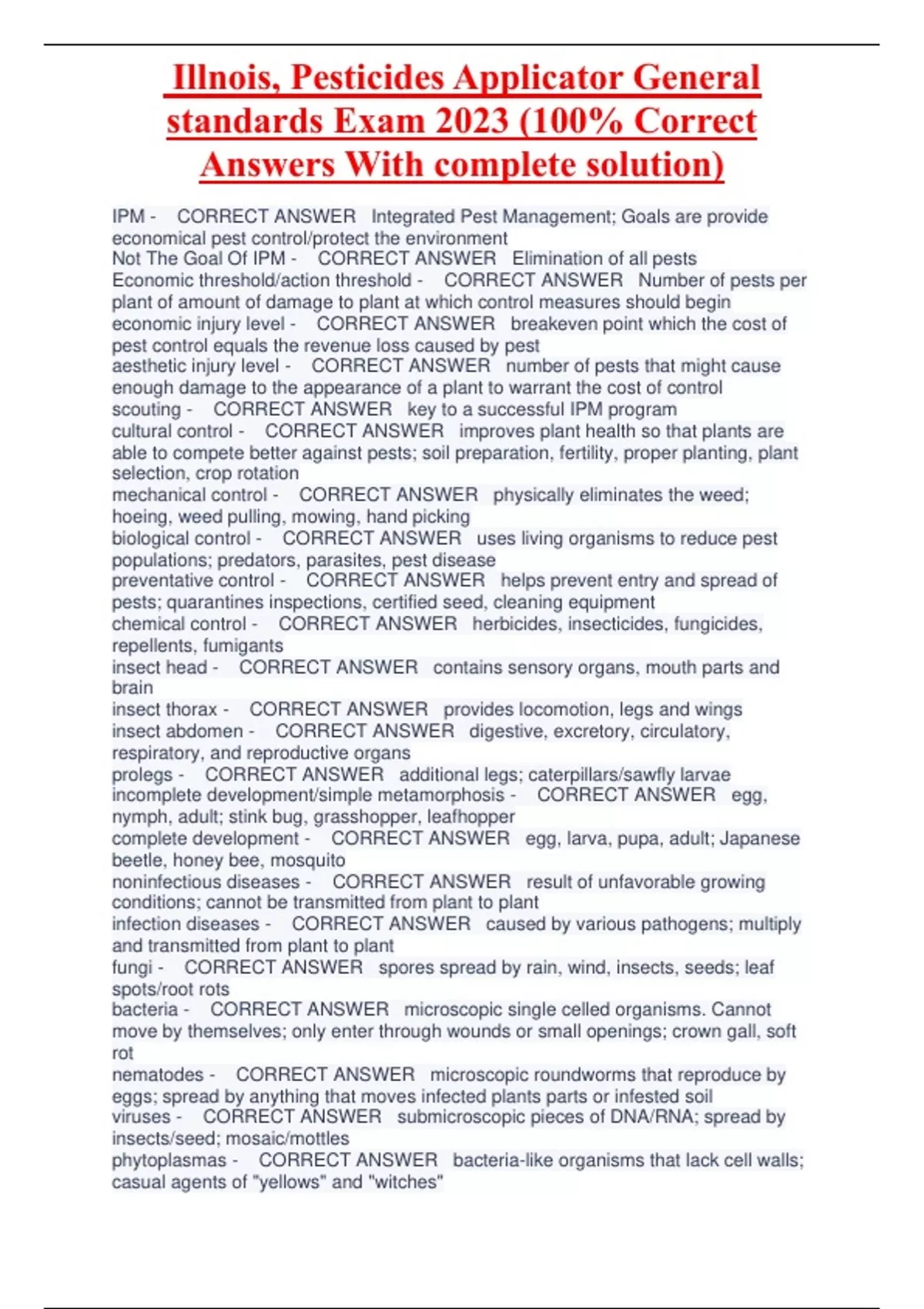 Illnois, Pesticides Applicator General standards Exam 2023 (100