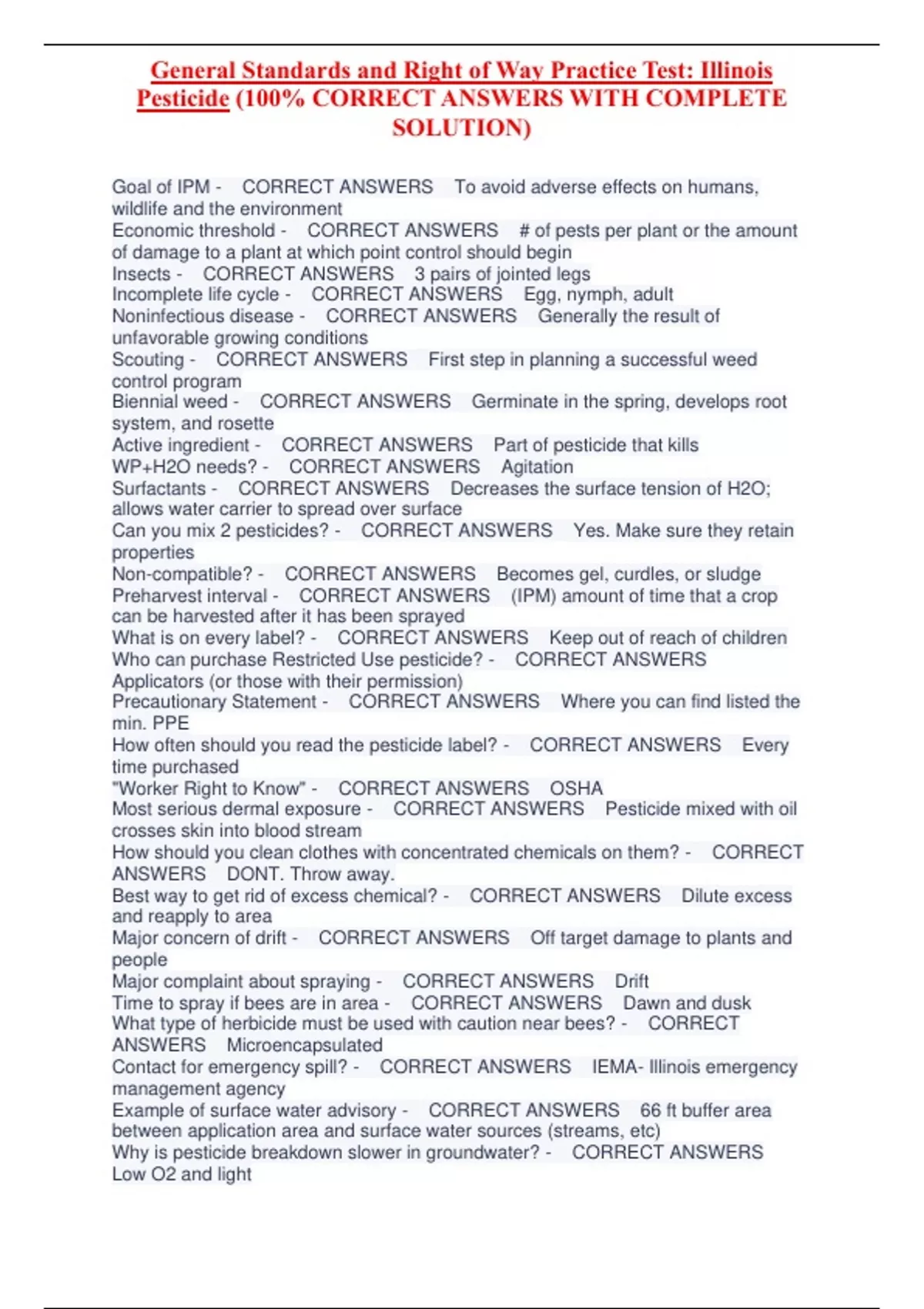 General Standards and Right of Way Practice Test Illinois Pesticide