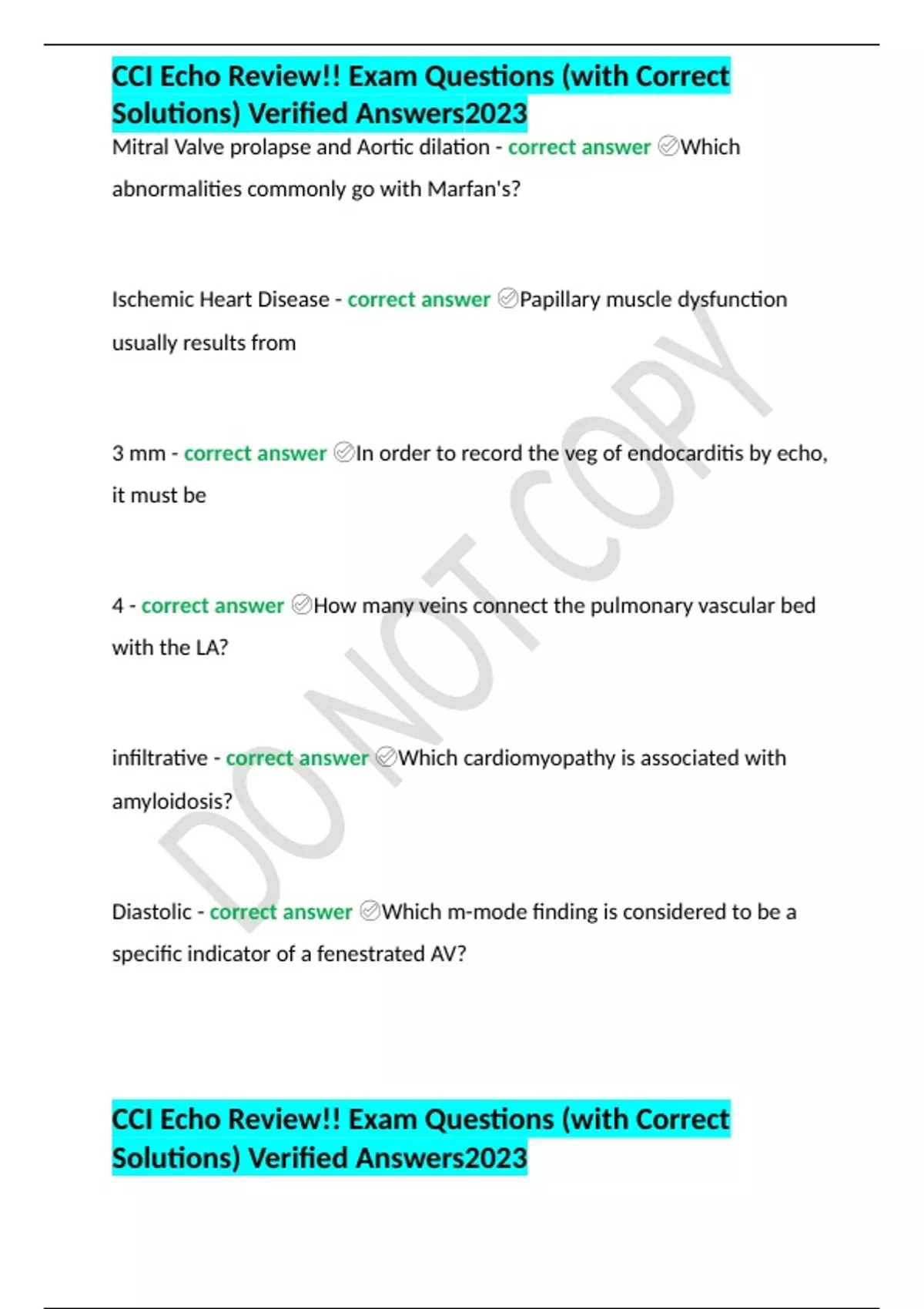 CCI Echo Review!! Exam Questions (with Correct Solutions) Verified