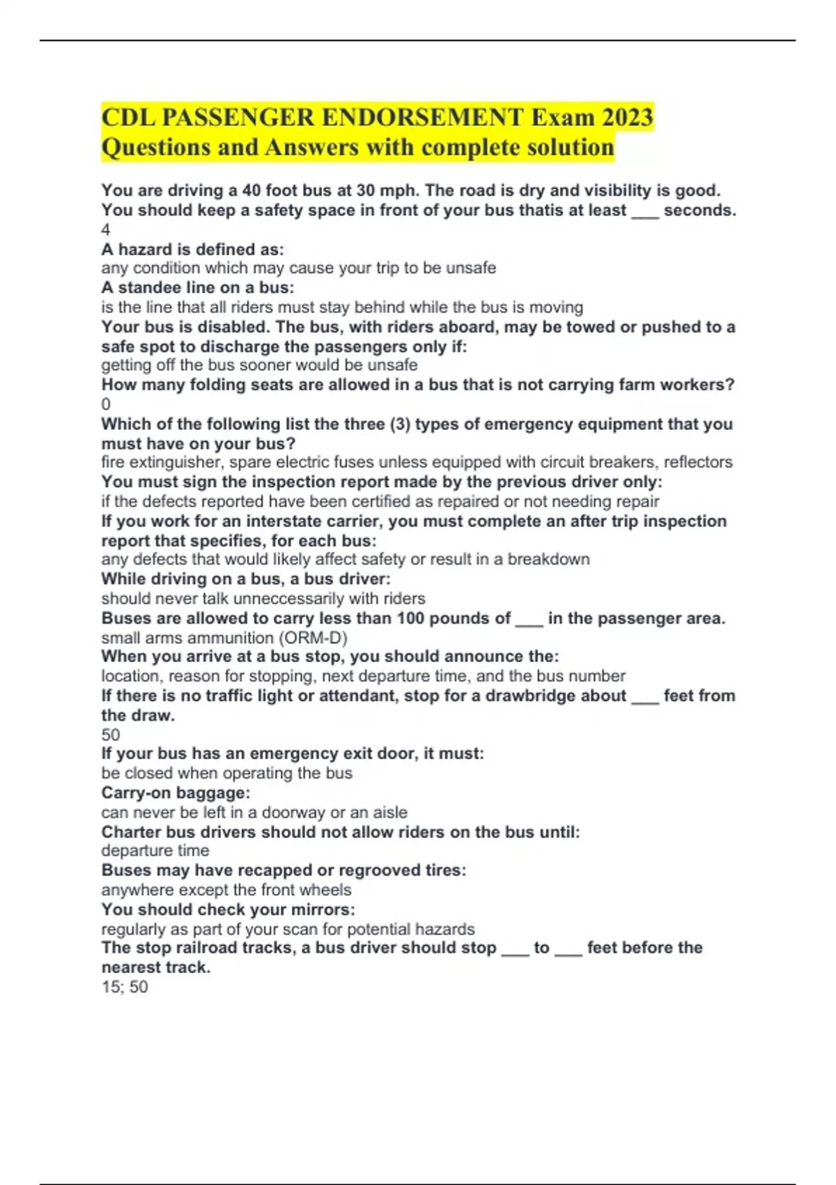 CDL PASSENGER ENDORSEMENT Exam 2023 Questions and Answers with complete